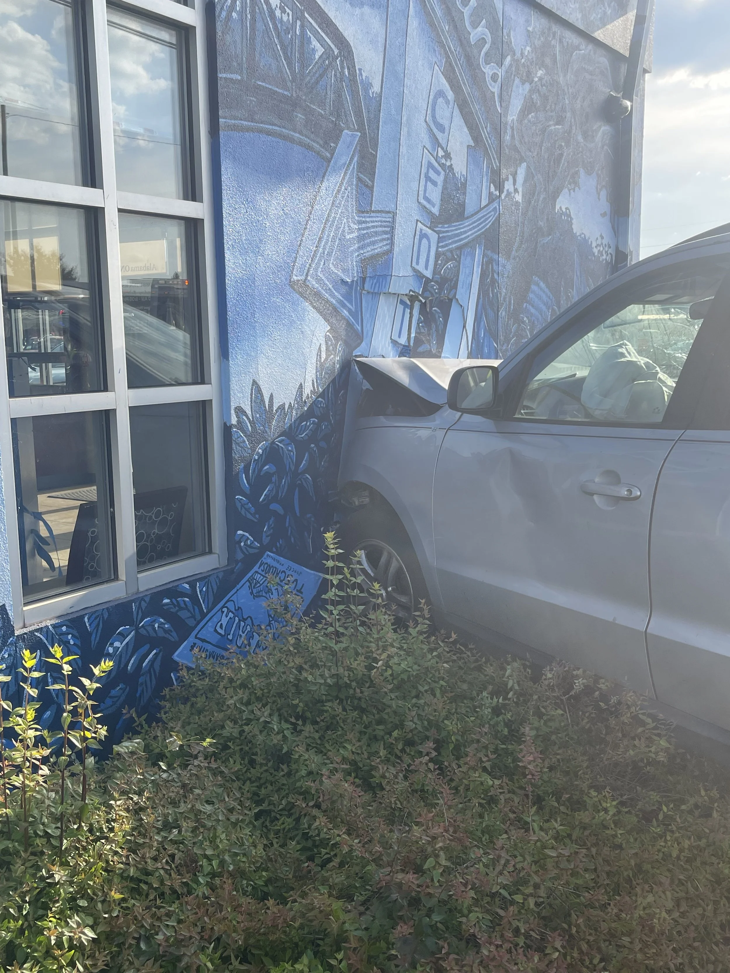 A large blue mural painted on the side of a building, depicting various abstract shapes and a nature scene with trees, plants, and a pathway. A silver vehicle is parked in front of the mural. Reflections of the sky and clouds are visible in the glass window on the building.