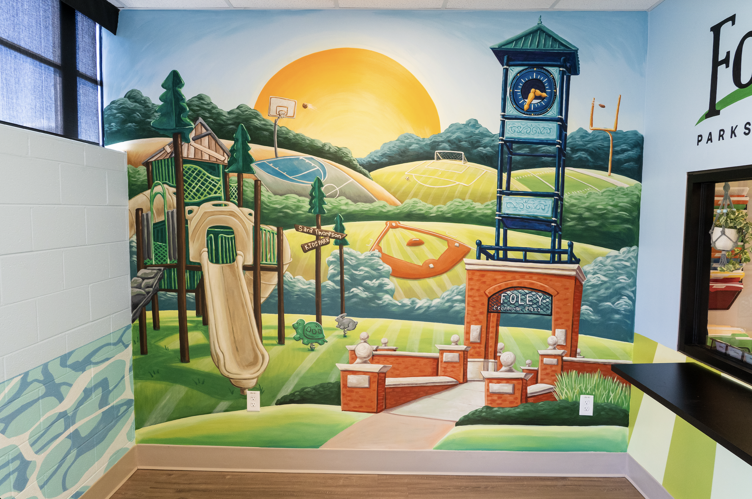 Foley Parks and Recreation lobby mural painted by Alabama artist Banks Compton