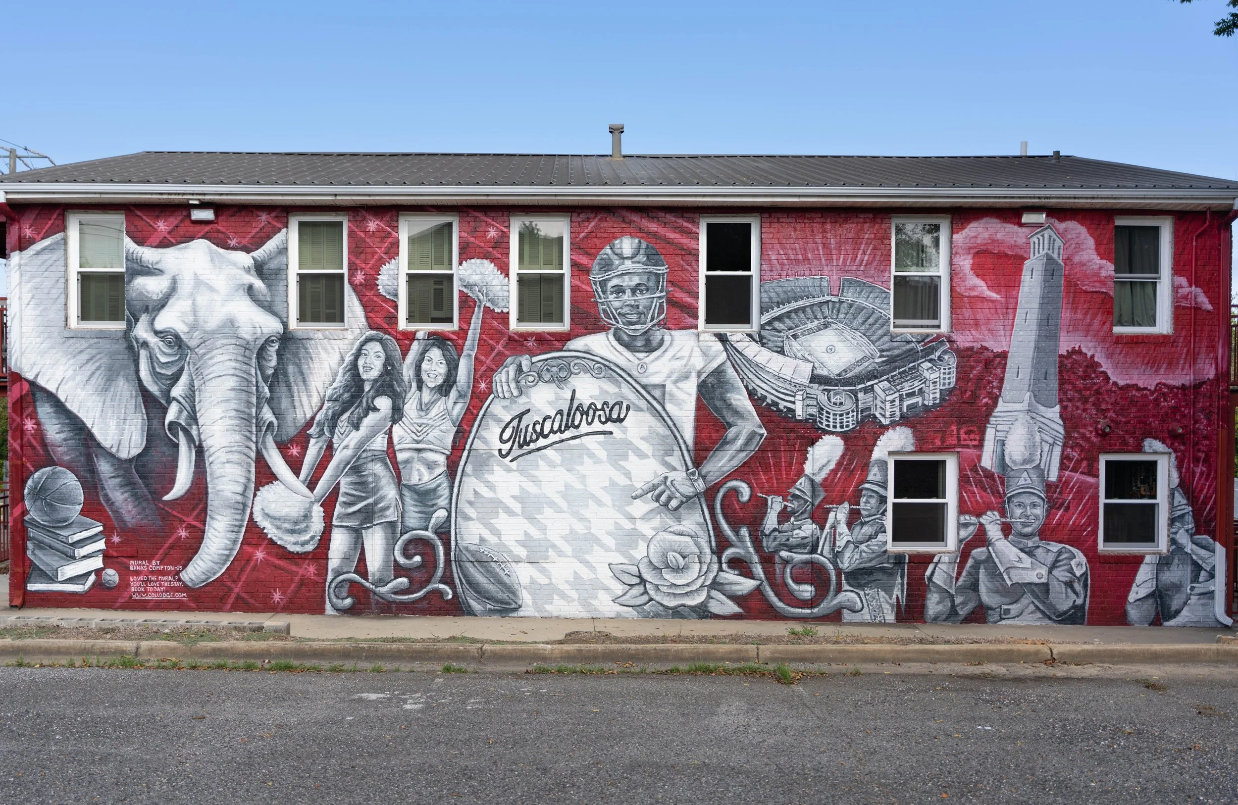 Crimson and white Alabama football mural by Banks Compton in Tuscaloosa featuring an elephant, football player, cheerleaders, and Bryant-Denny Stadium.