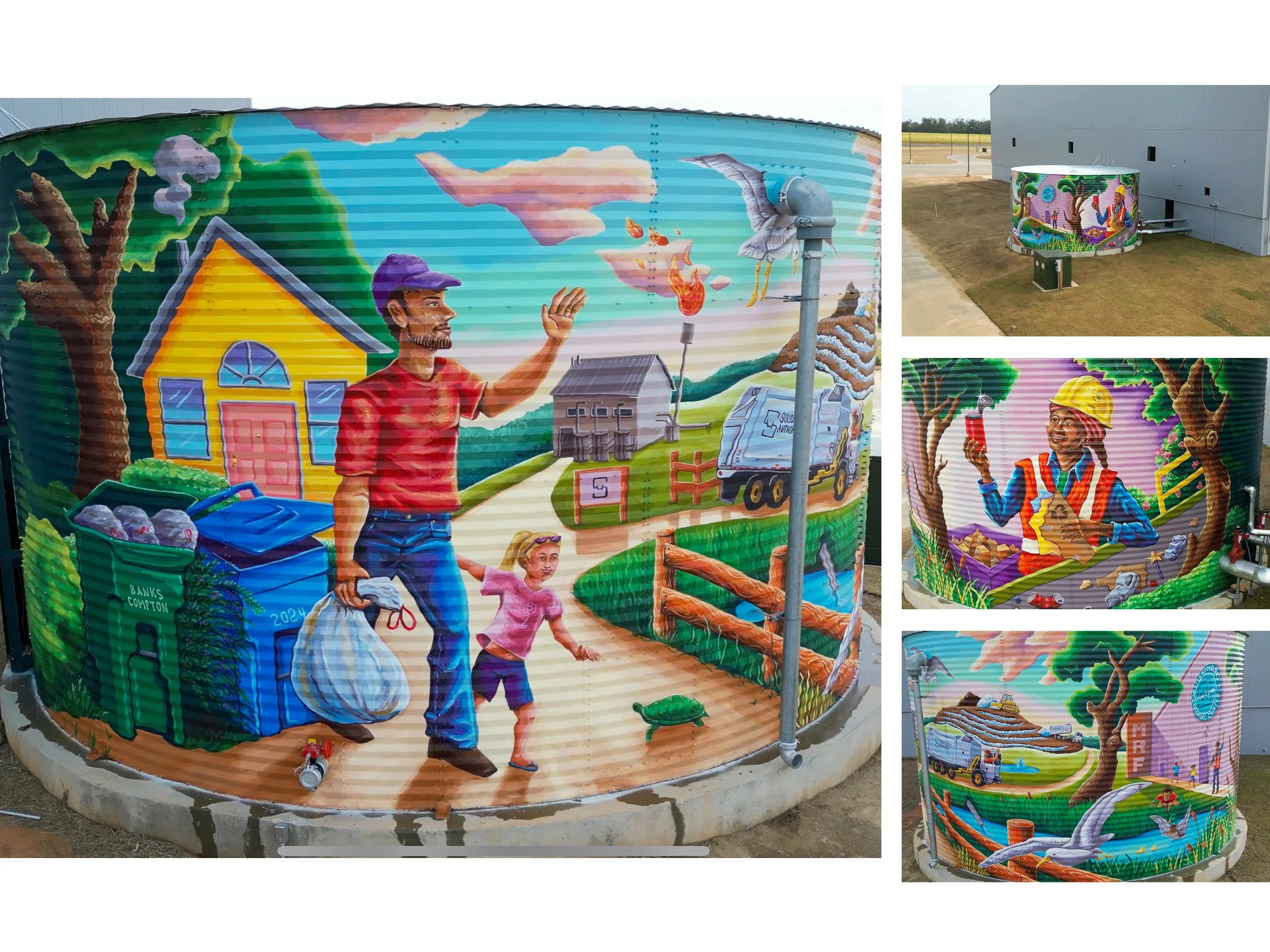 Artistic mural on a large cylindrical water tank depicting environmental themes. The mural shows a man waving, a woman with a yellow hat smiling, a bird, a tree, a house, and various environmental elements such as a waste collection vehicle, a water purifier, and natural scenery.