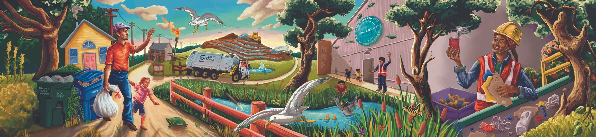 A vibrant illustration of an eco-friendly community with people, nature, and recycling efforts. A man and girl are near a garbage bin, a landfill, and a recycling truck. Trees, birds, and a pond with ducks are visible, along with a recycling center and workers sorting trash.