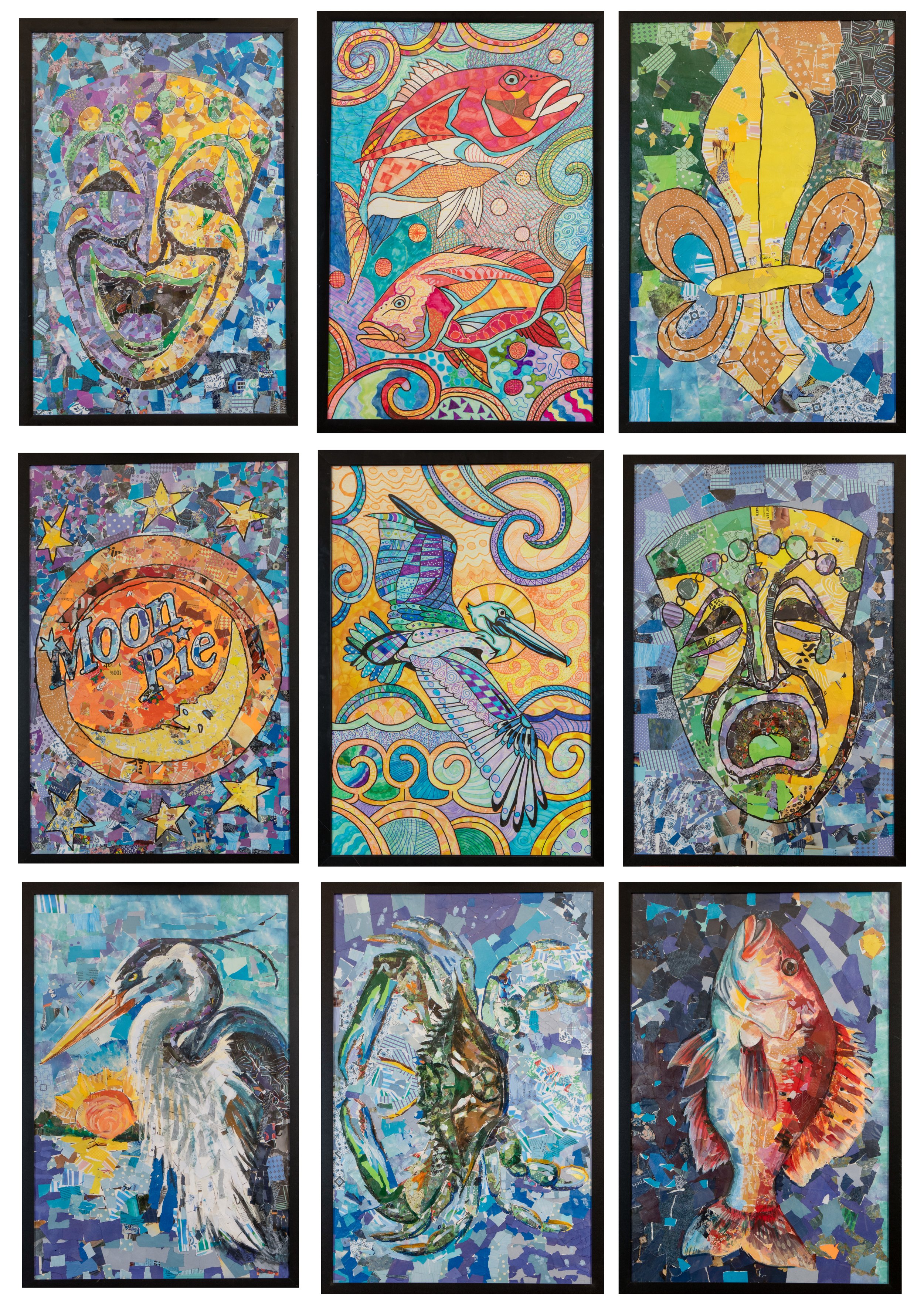 A collage of nine framed colorful mosaic-style artworks featuring various animals and landscapes, including a smiling face, fish, butterfly, bird, iguana, pelican, and fish, all composed of small, irregularly shaped pieces.