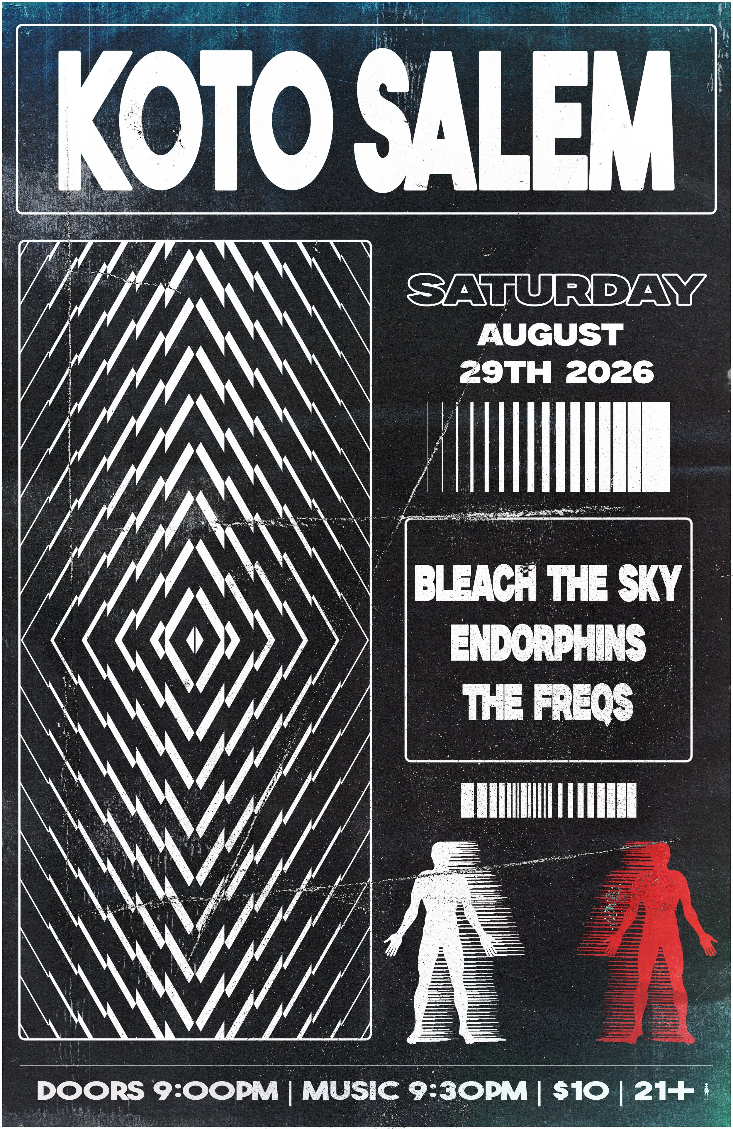 Event poster for 'Koto Salém' with geometric and human figure designs. Details include Saturday, August 29th, 2026, doors open at 9:00 PM, music at 9:30 PM, $10 entry, age 21 and over.