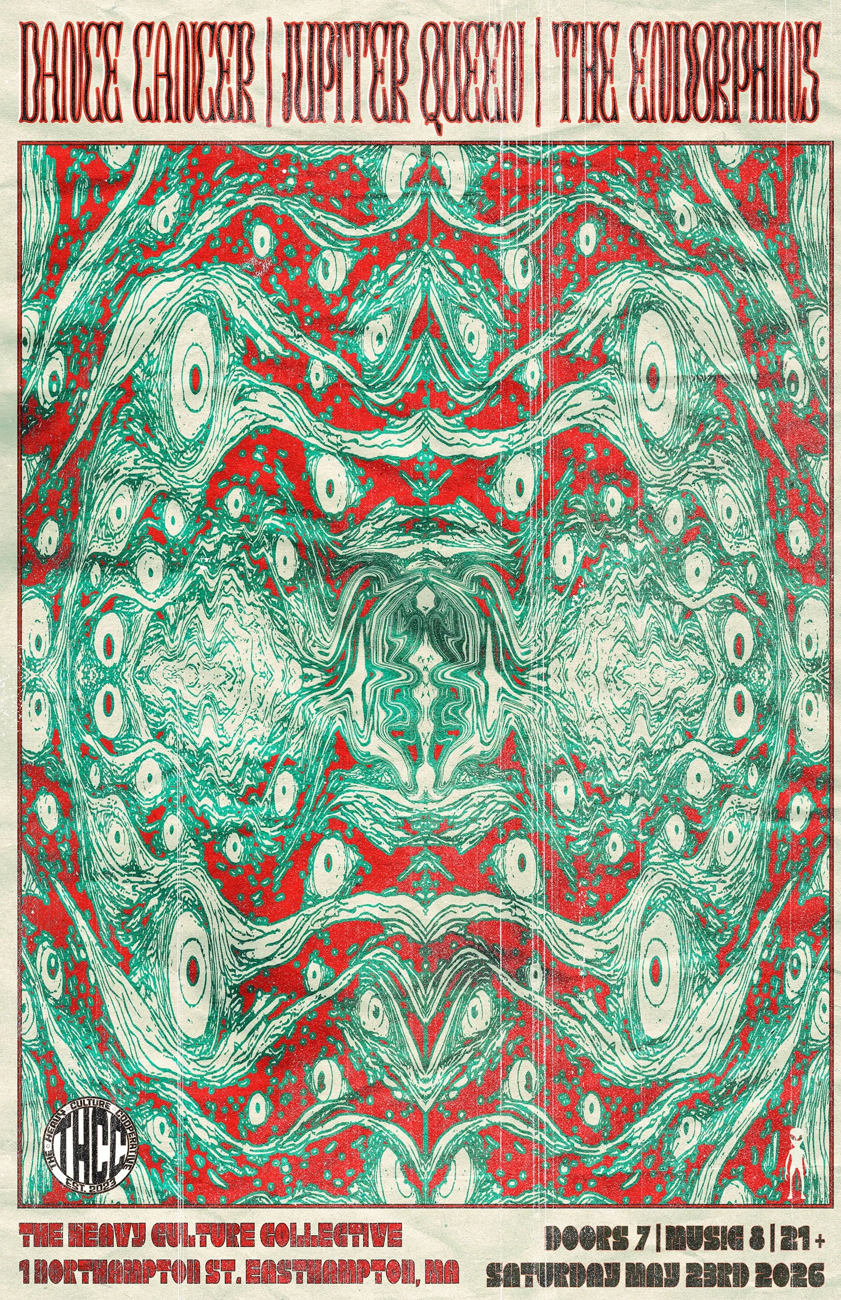 Poster with psychedelic, swirling patterns in red, teal, white, and black promoting a music event at The Heavy Gum Culture Collective in East Hampden, Massachusetts on May 23, 2016.