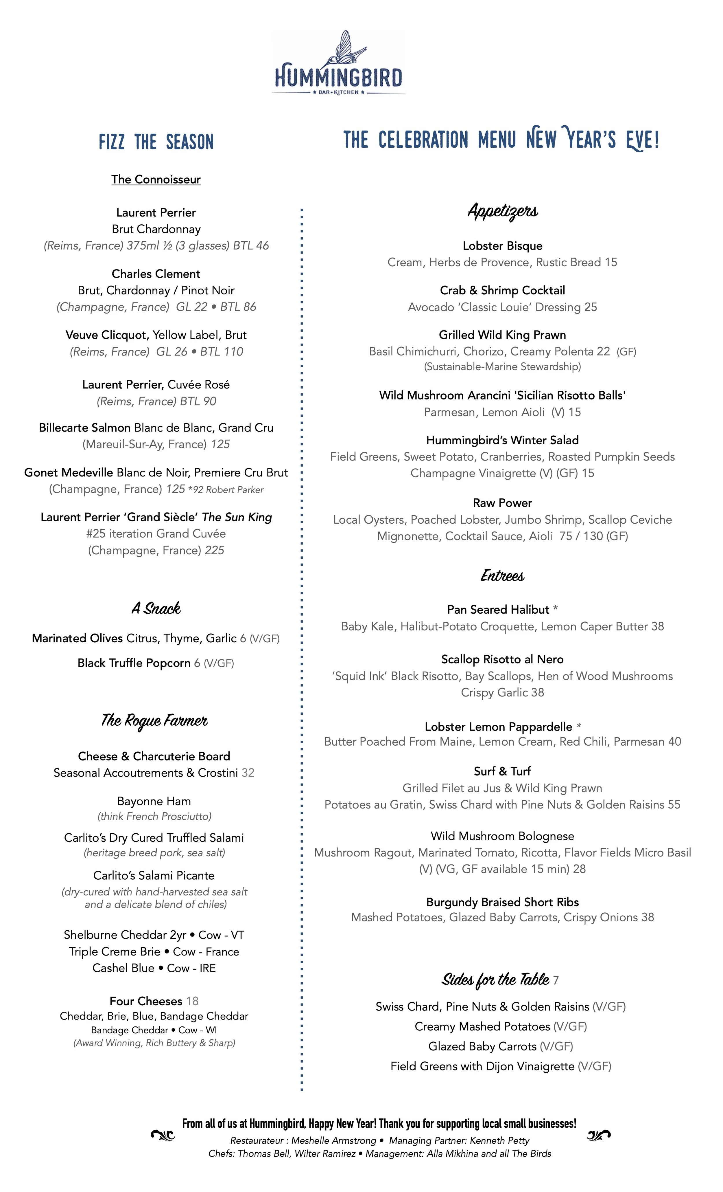 Hummingbird Bar & Kitchen New Year's Eve celebration menu with wine, appetizer, salad, entree, and side options