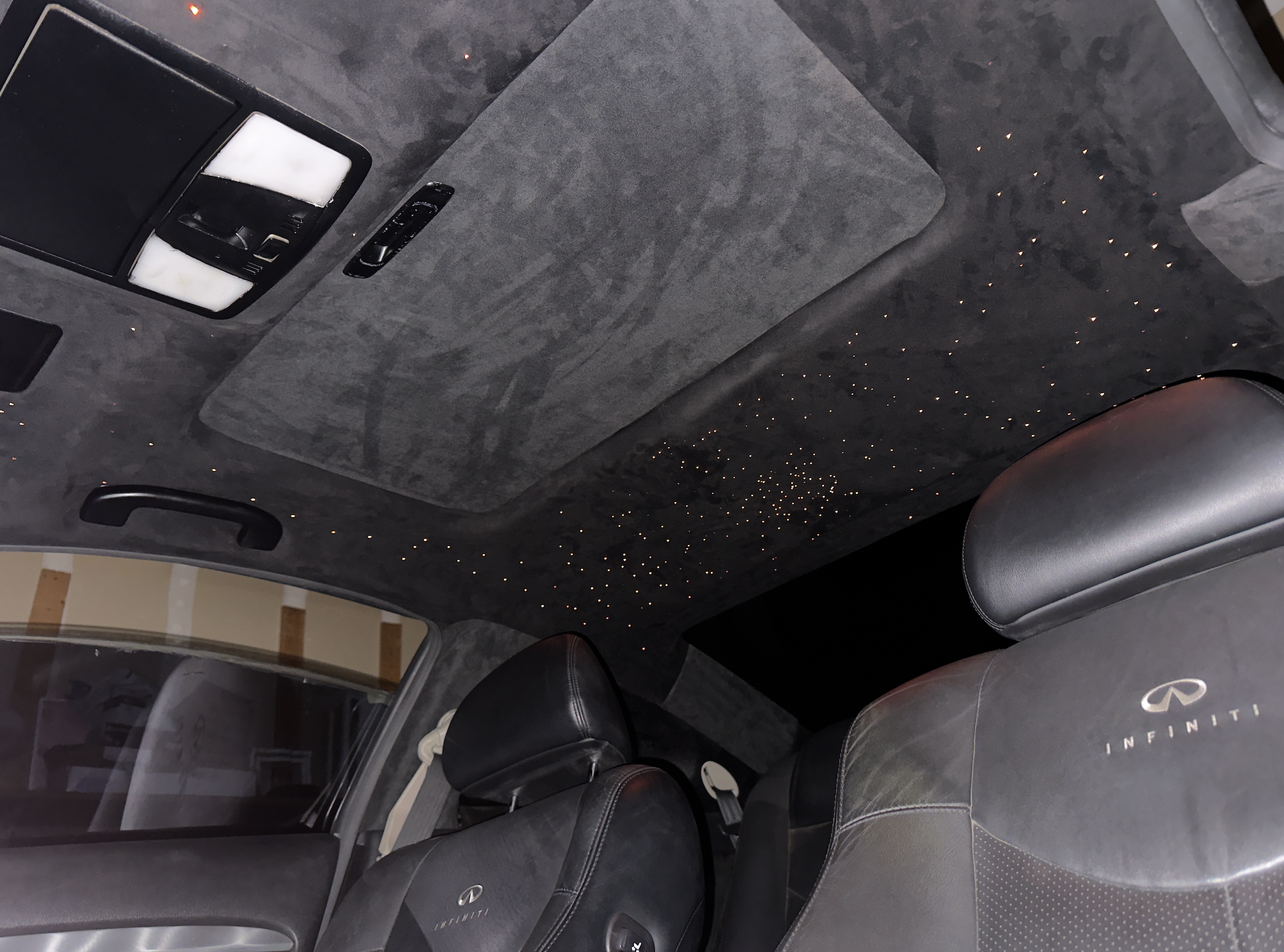 Infiniti G37 Suede Headliner & Starlight Headliner by Tucson Arizona business Milky Way Interiors. Suede Sunroof Suede Headliner Starlight Headliner
