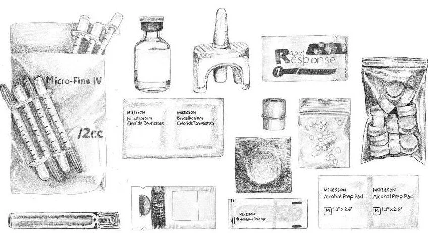 pencil drawing of Harm reduction supplies