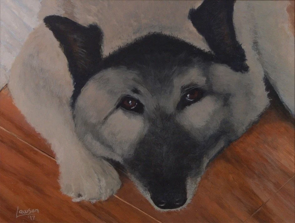 Painting of a resting dog with dark muzzle and ears on a wooden floor.