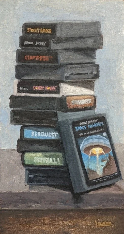 Painting of stacked retro video game cartridges