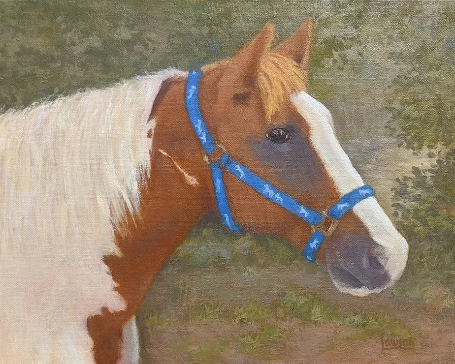Painting of a horse with a blue halter