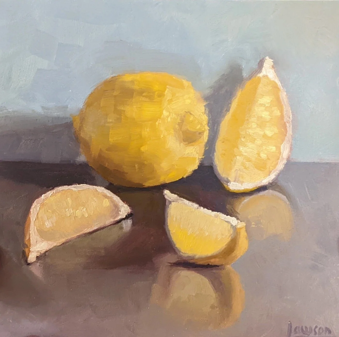 Painting of a whole lemon with three lemon wedges on a reflective surface against a blue-gray background.