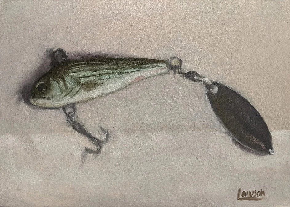 Painting of fishing lure resembling a fish with a metal blade attached