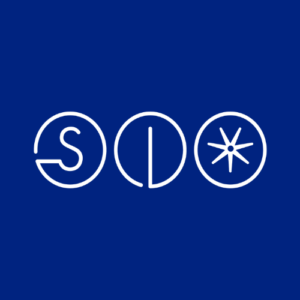 Three white symbols on a blue background: a circle with an S and a line, a circle with an I, and a circle with a starburst
