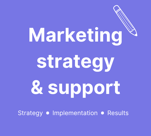 Purple background with white text reading 'Marketing strategy & support' and a white outline of a pen in the top right corner. Smaller white text at the bottom reads 'Strategy β’ Implementation β’ Results'.