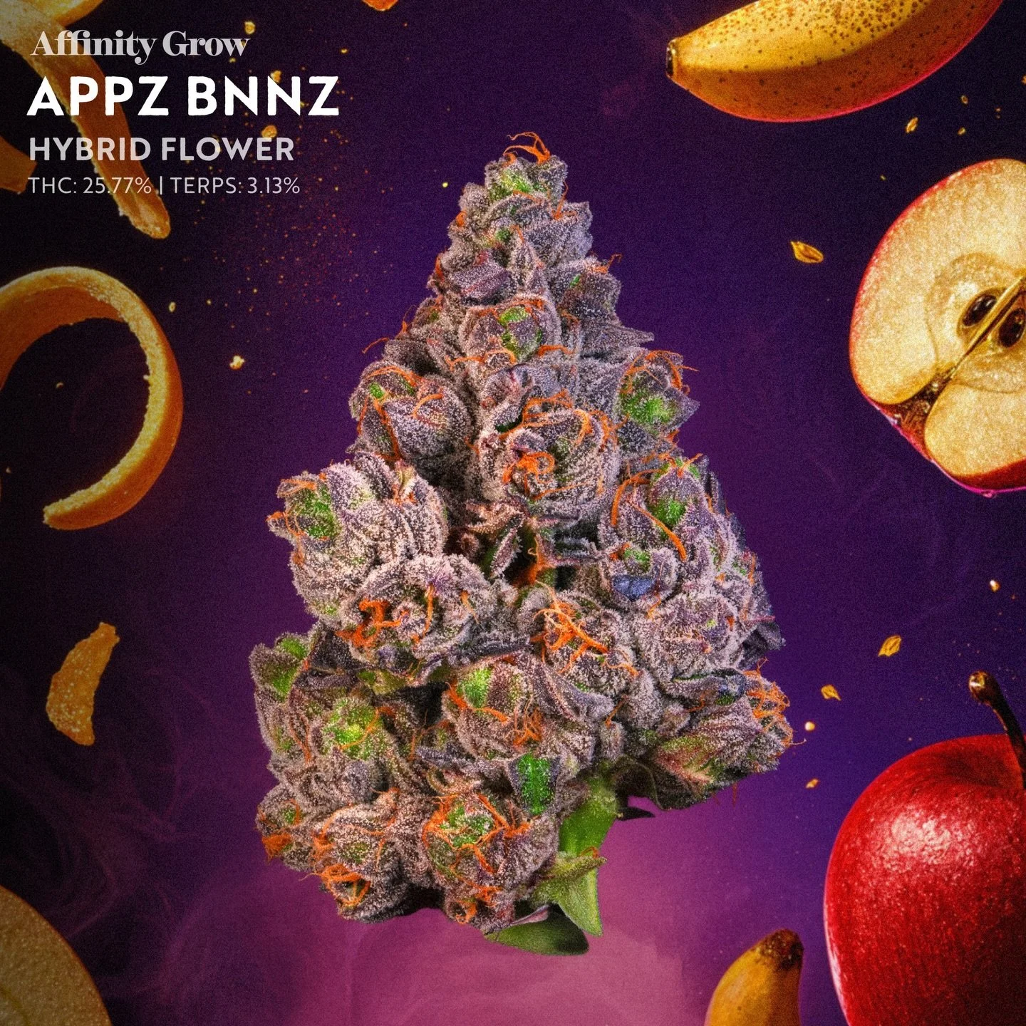 Strain of the Week 🔥

Appz Bnnz Flower
Hybrid | 25.77% | Terps: 3.13%

Lineage:
(Platinum Cookies x&nbsp;Granddaddy Purple) x&nbsp;Blue Power)&nbsp;x&nbsp;Gelatti

Sweet, fruity, and straight-up loud. Apples &amp; Bananas delivers a layered flavor p