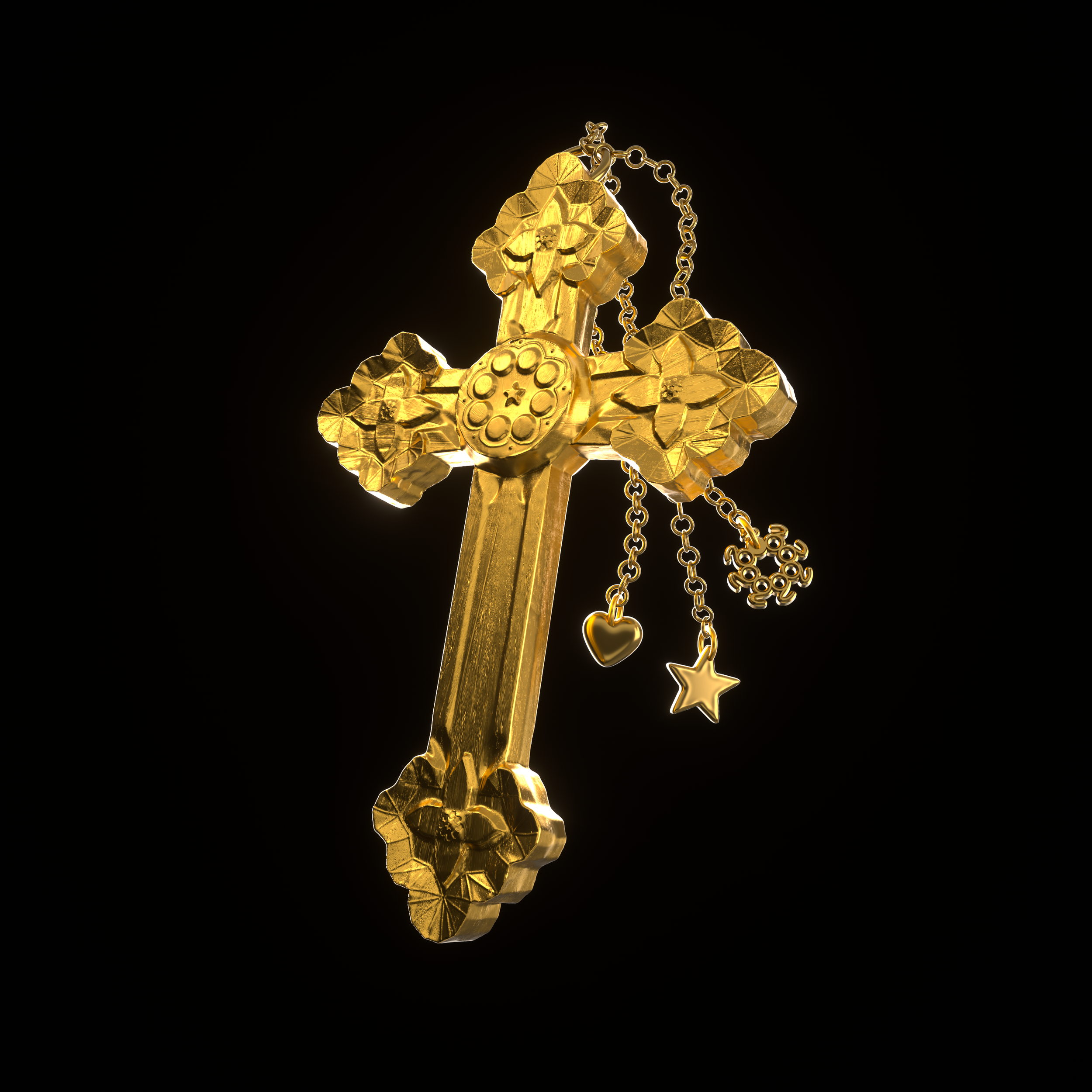 Gold cross pendant with hanging charms, including a heart, star, and gear, against a black background.