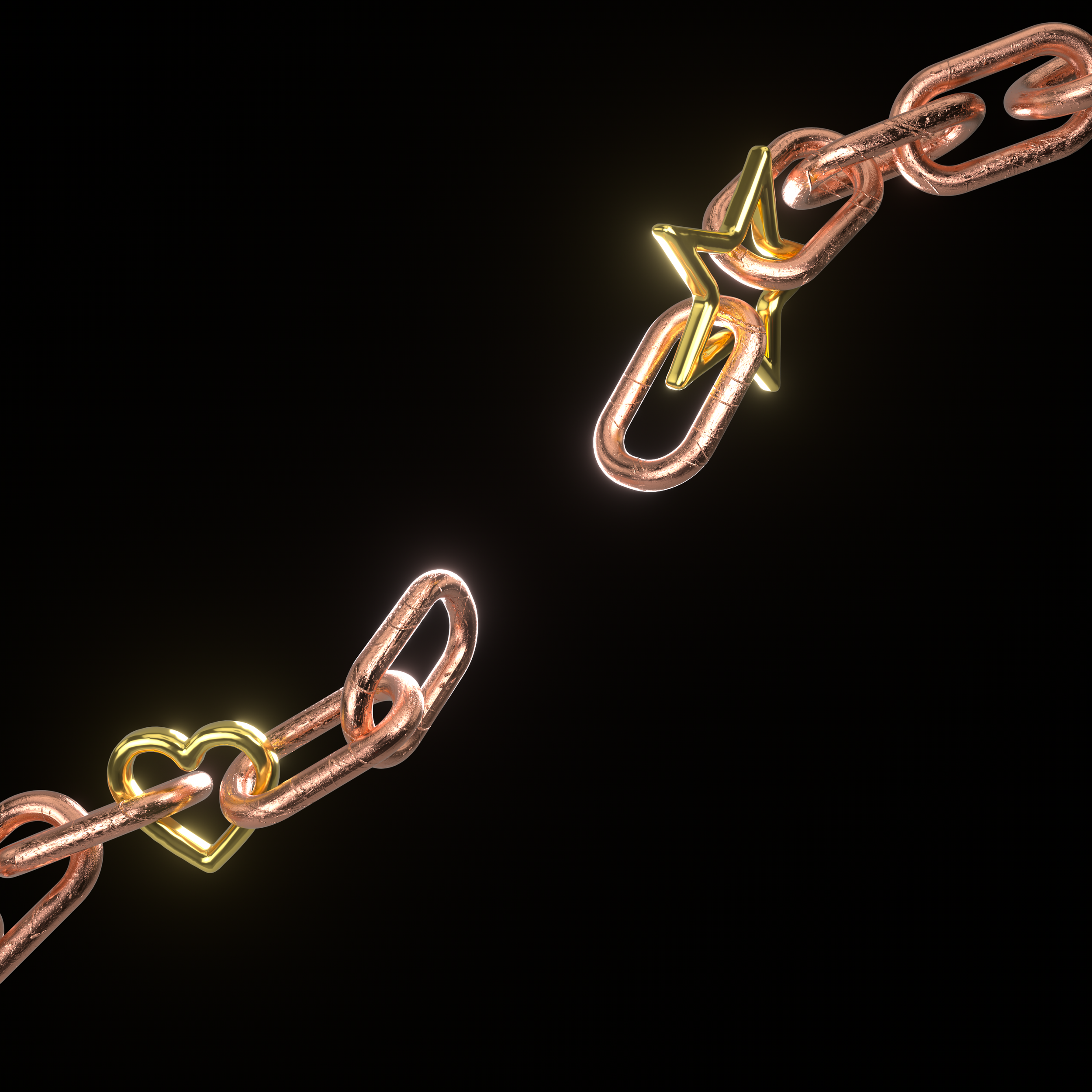 Close-up of a chain with gold heart and star-shaped charms on a black background.