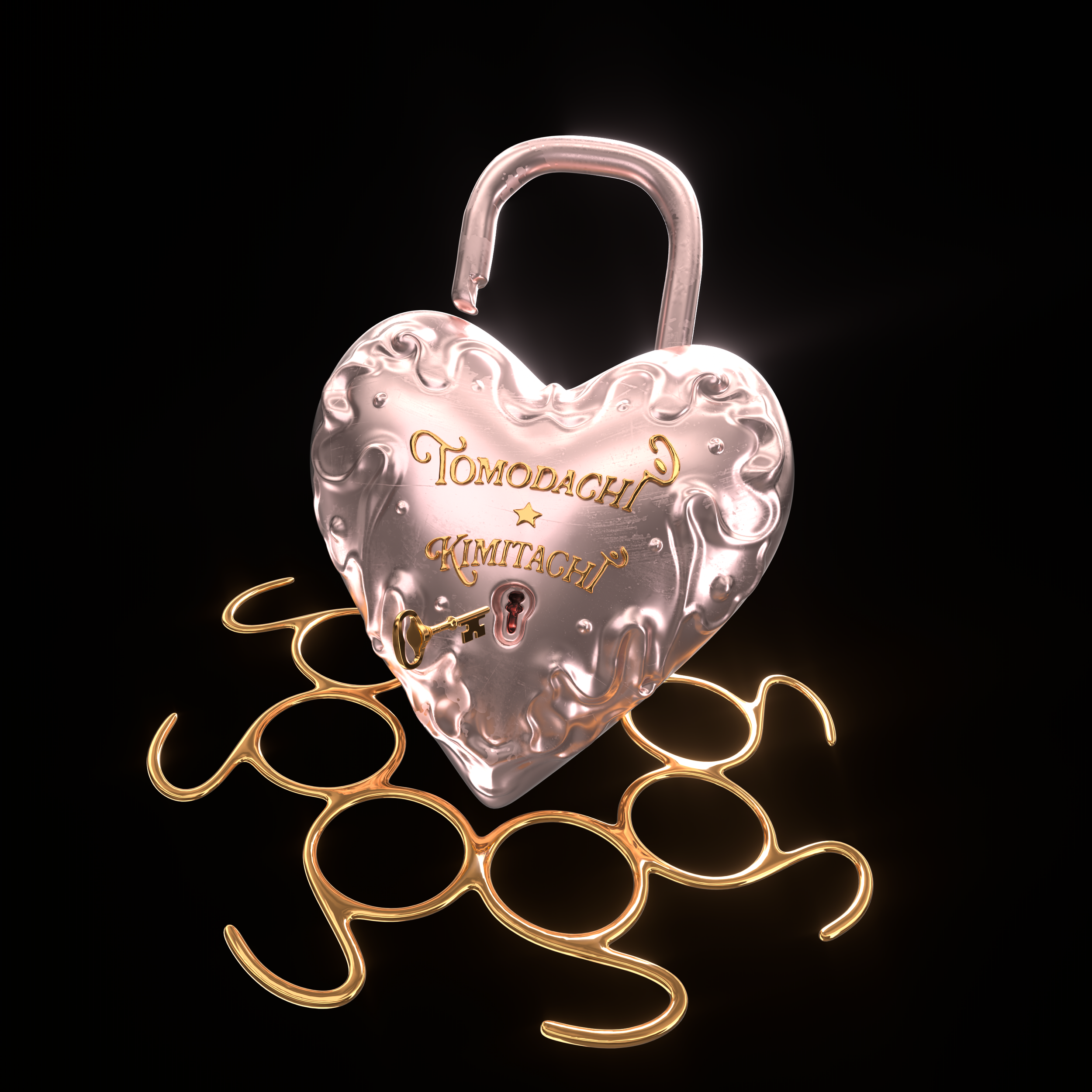 A heart-shaped metallic padlock with golden lettering that reads 'Tomodachi' and 'Kimtachi', a small gold key attached to a gold chain, and a glowing gold design comprised of several instances of the Greek letter 'delta' δ against a black background.