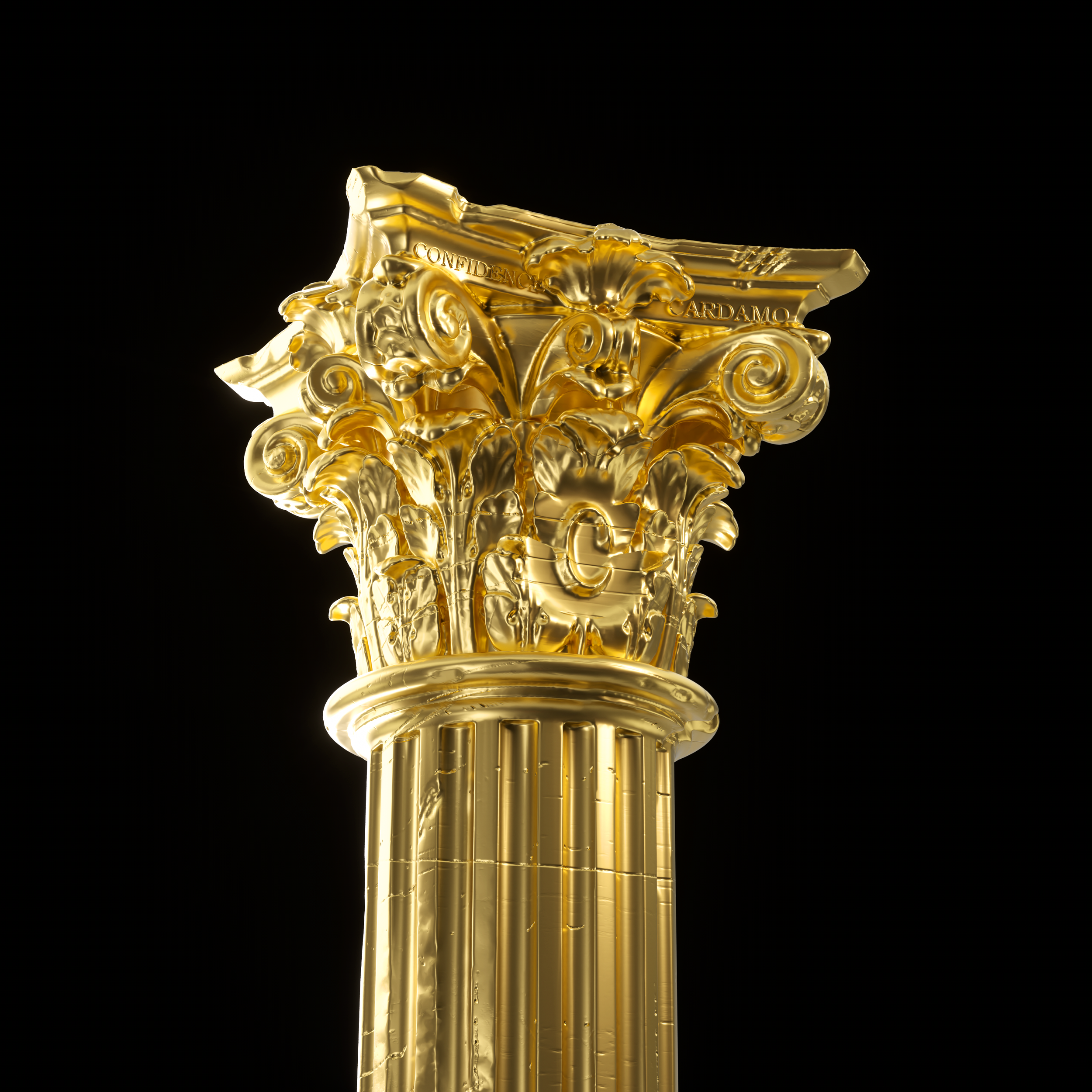 A golden Corinthian column with ornate acanthus leaves and scrolls on a black background.