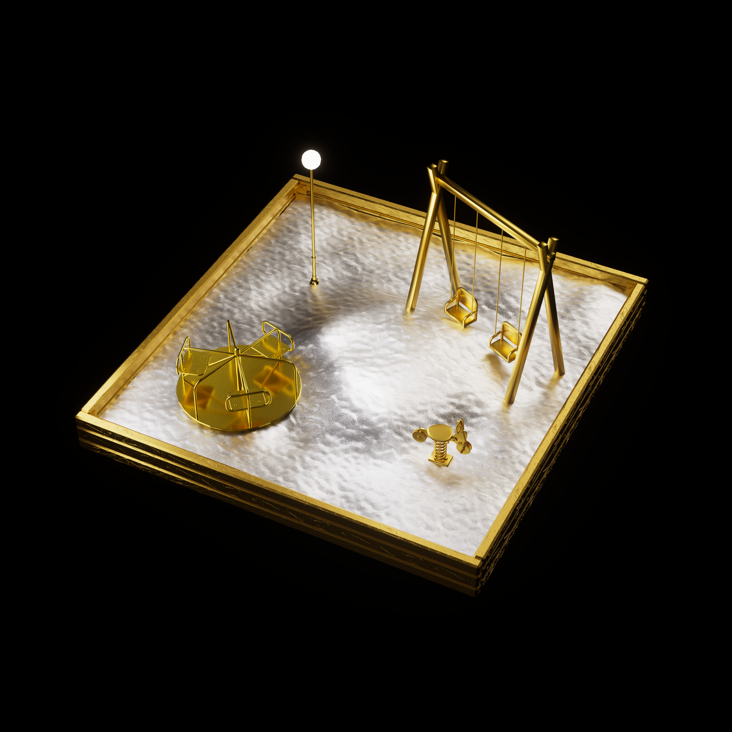 Golden playground with swings, a merry-go-round, a spring rocker, and a lamp on a white surface with black background.