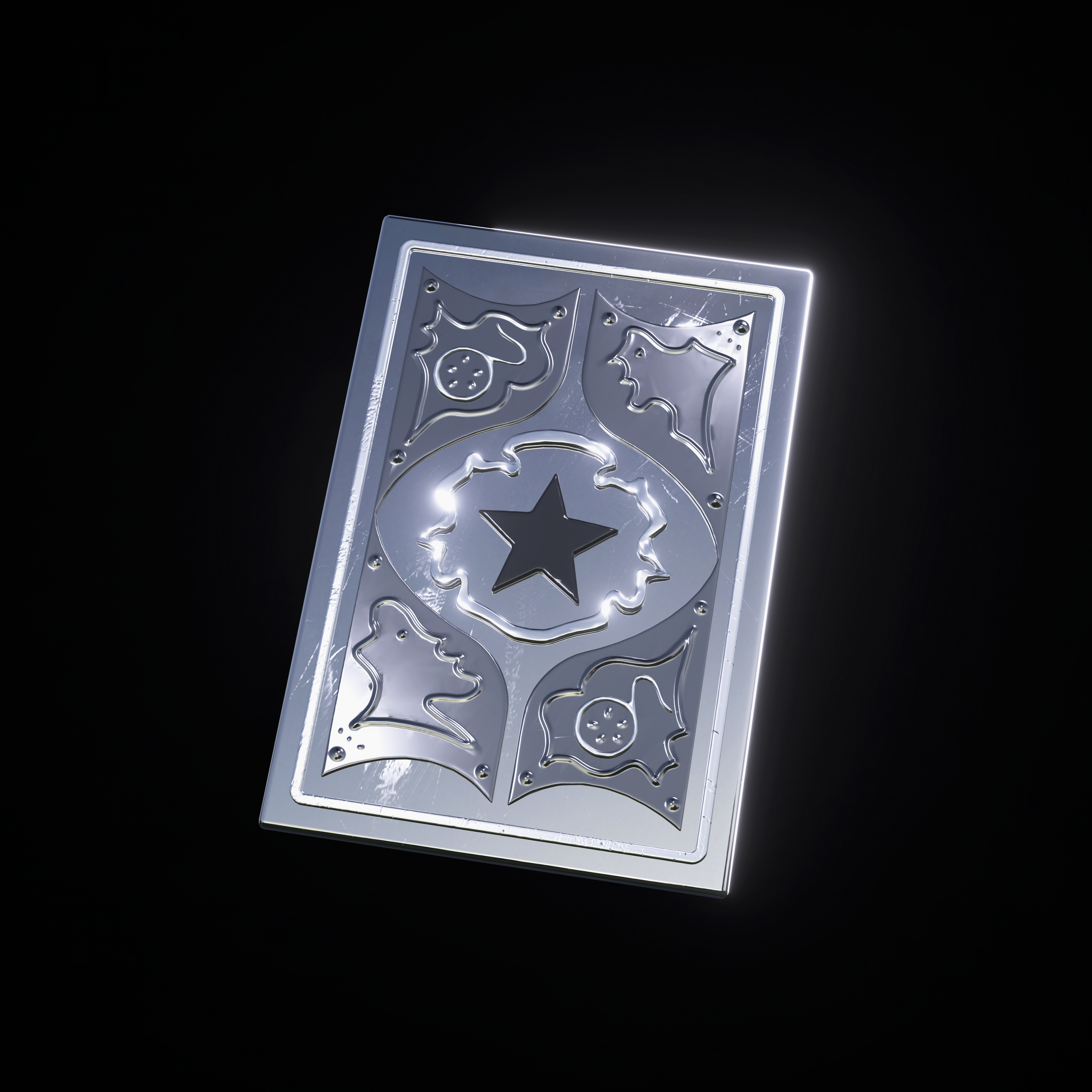 A shiny, metallic trading card with intricate patterning, set against a dark background.