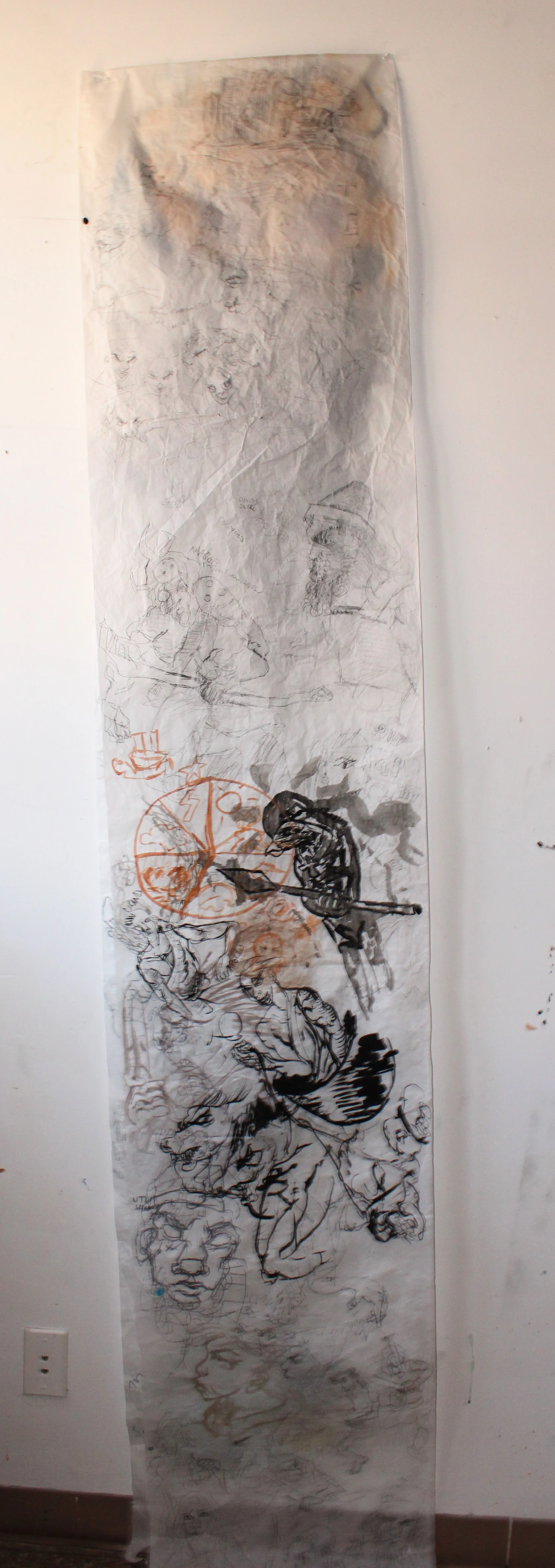 Salute when the Prophets say part 2, Watercolor, Gauche, ink, and graphite pencil on Vellum, 28 x 82 inches , 2024.