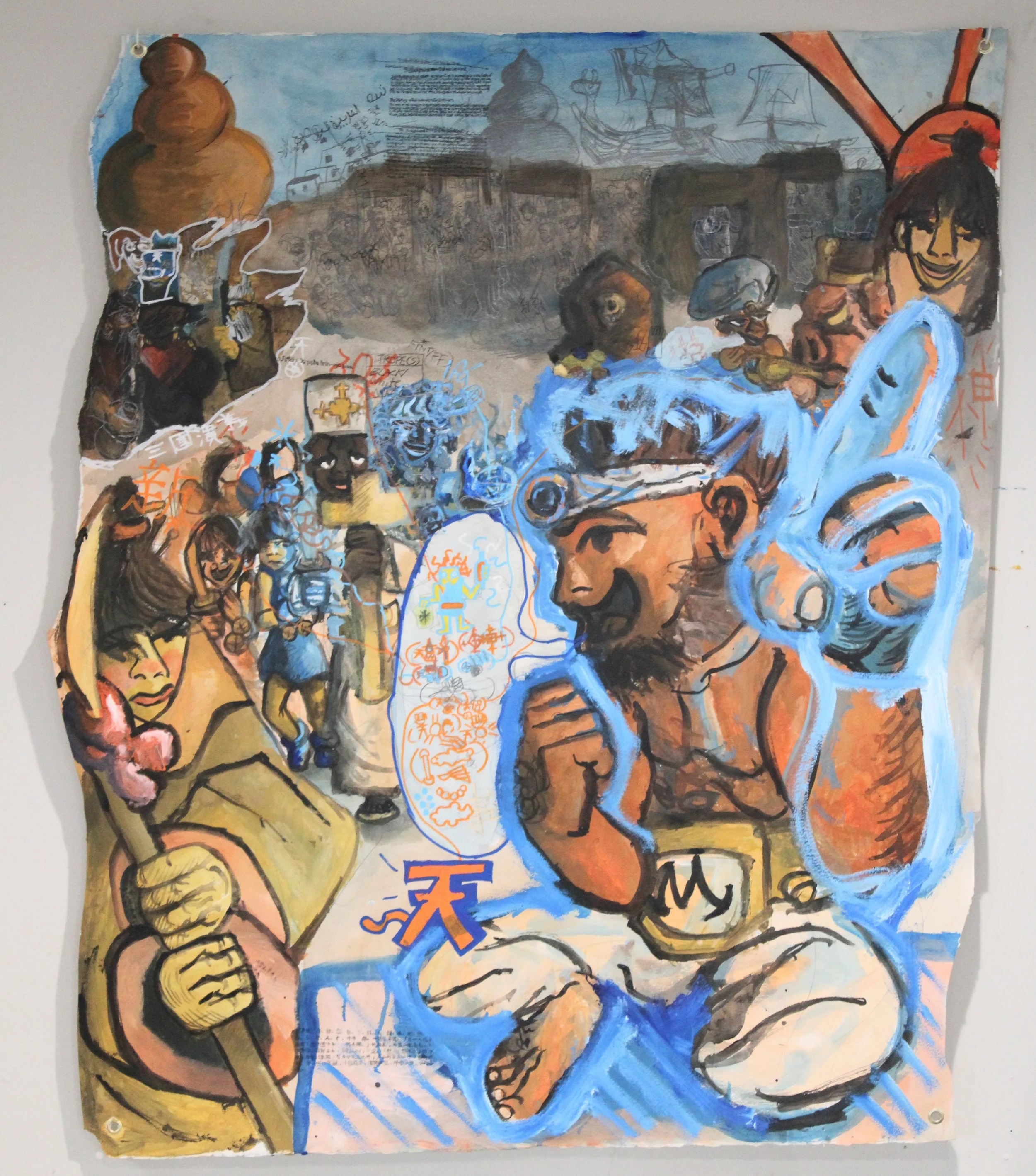 East II. Neo Arabia, Acrylic, graphite pencil, posca markers, and carbon tracing on Arches paper, 43 x 52 inches, 2025.