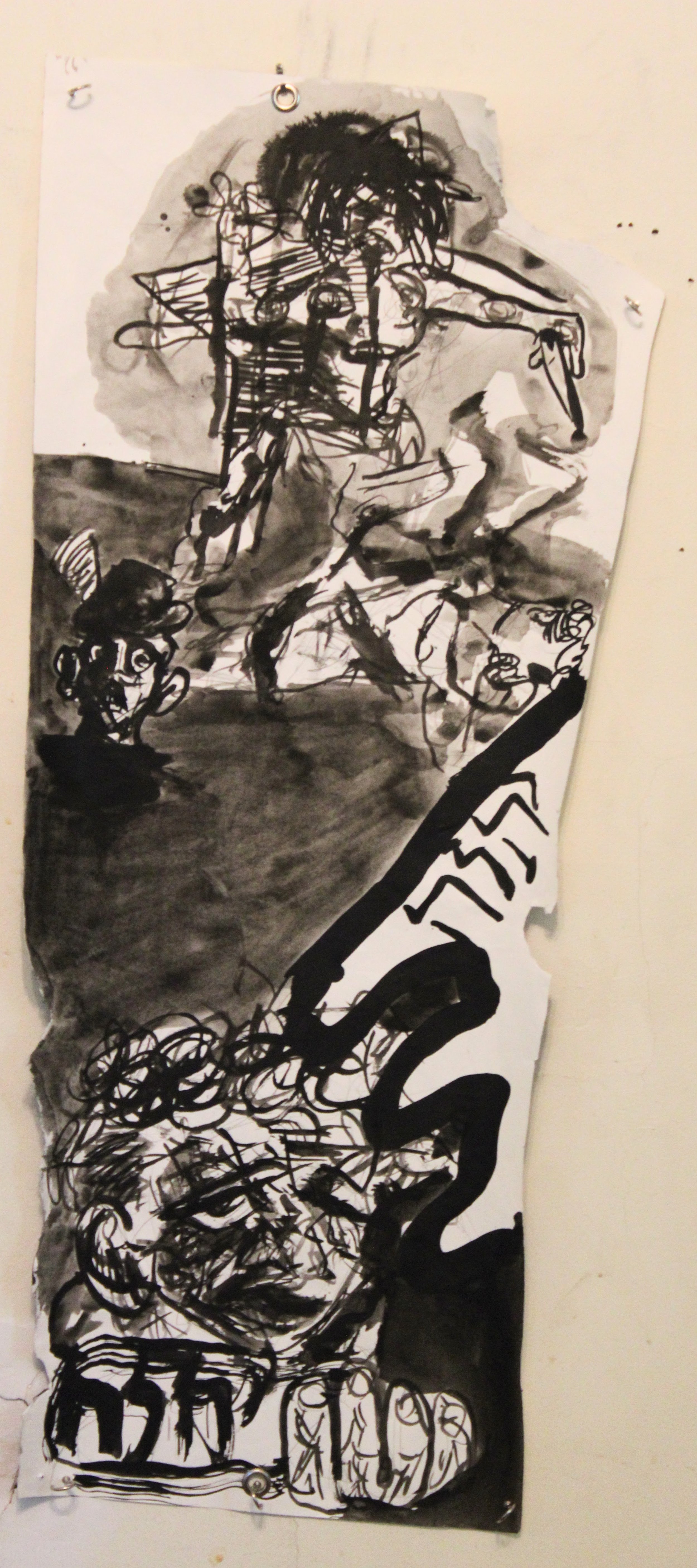 Cosmology V. Outro side B Prayer, Ink and posca markers on Drawing paper, 14 x 36 inches, 2025.