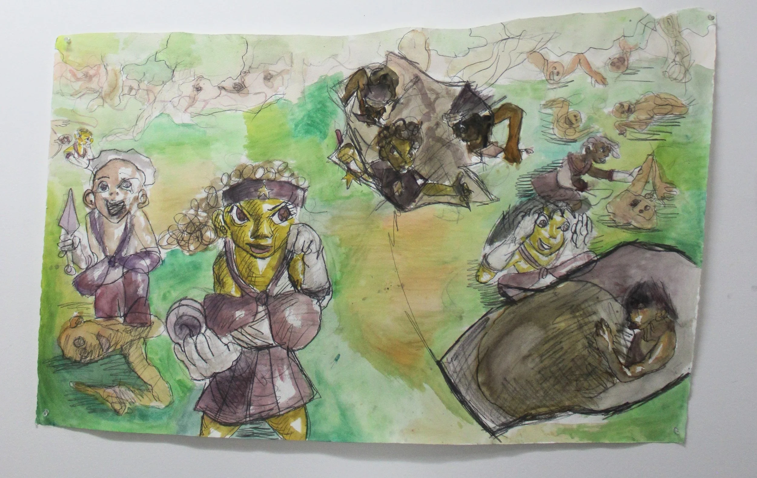 VII. Tag I, Graphite pencil and watercolor on Watercolor paper, 45 inches x 30 inches, 2023.