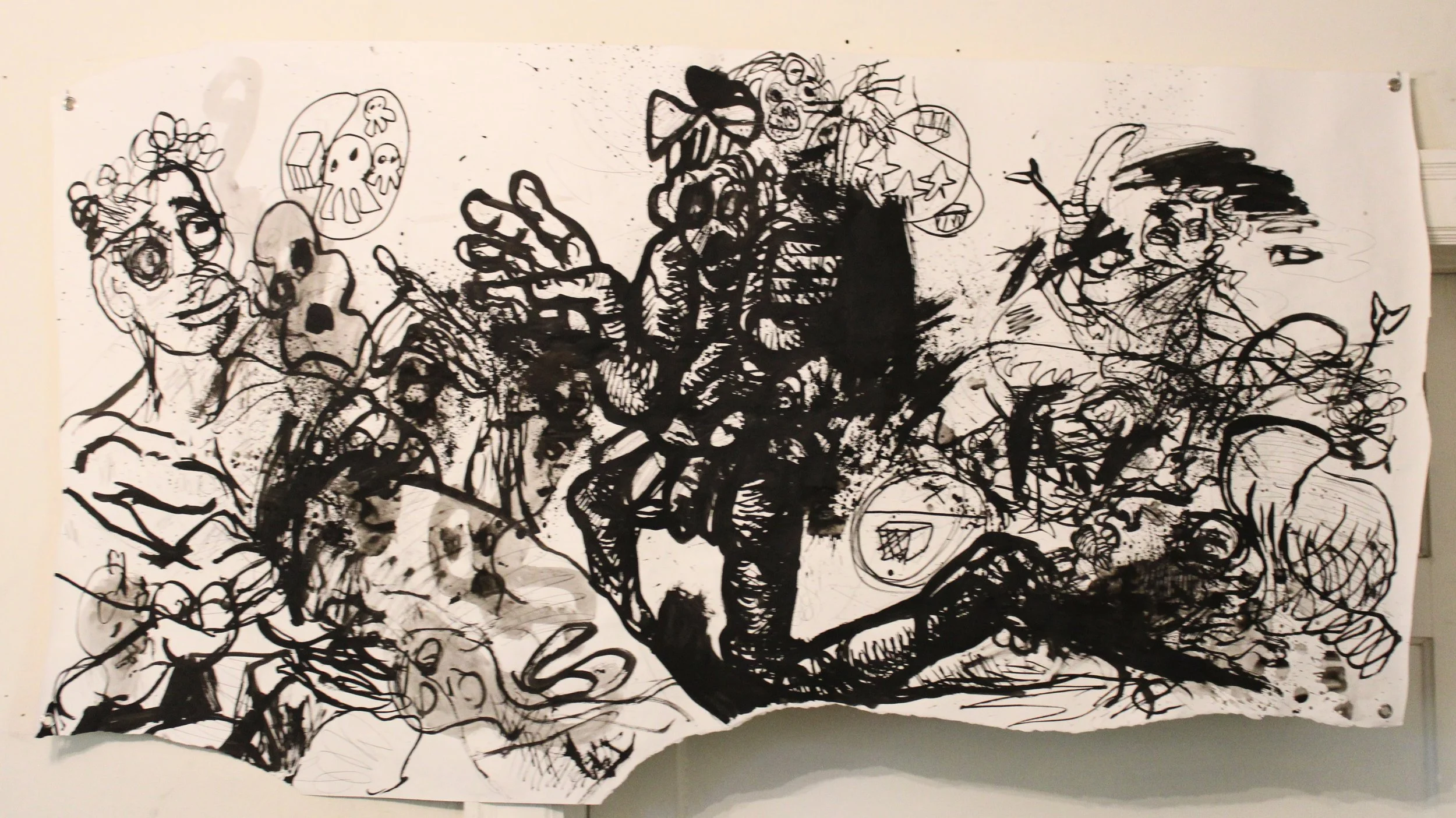 Cosmology IV. Clash side B X-ray, Ink and wash, graphite pencil and posca markers on Drawing paper, 61 x 36 inches, 2025.