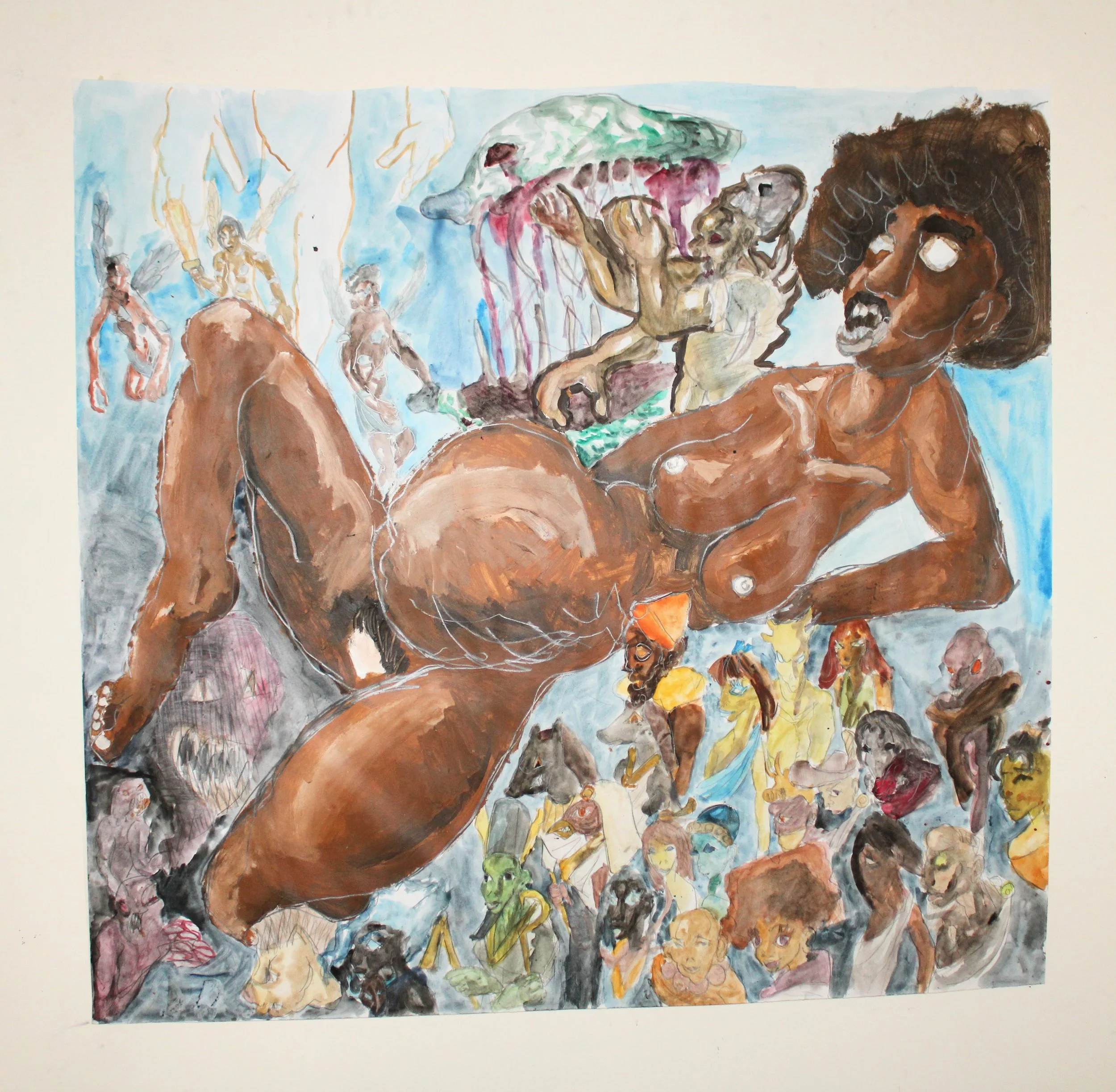 II. Birth of the gods, Acrylic, watercolor, and graphite pencil on Mixed media paper, 36 inches x 36 inches, 2023.