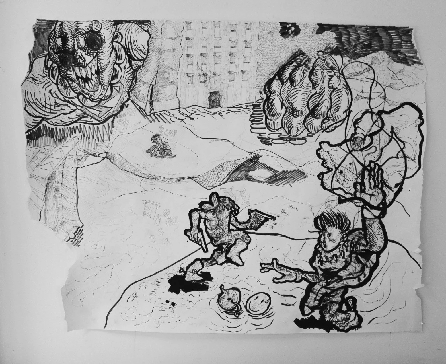 Cityscape// Culture Clash, Pen and ink on Mixed media paper, 36 x 48 inches, 2023.