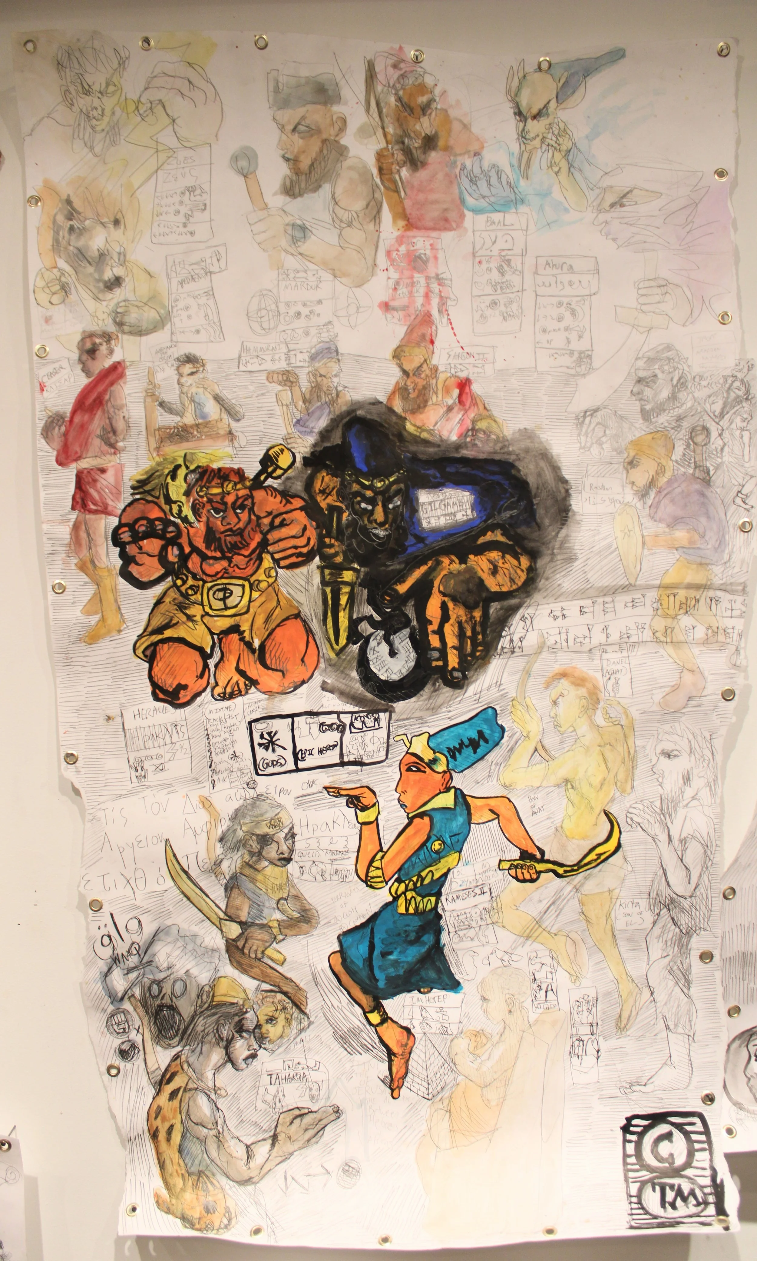 Epic Heroes, Gauche, watercolor, and graphite pencil 36 x 61 inches, 2024.