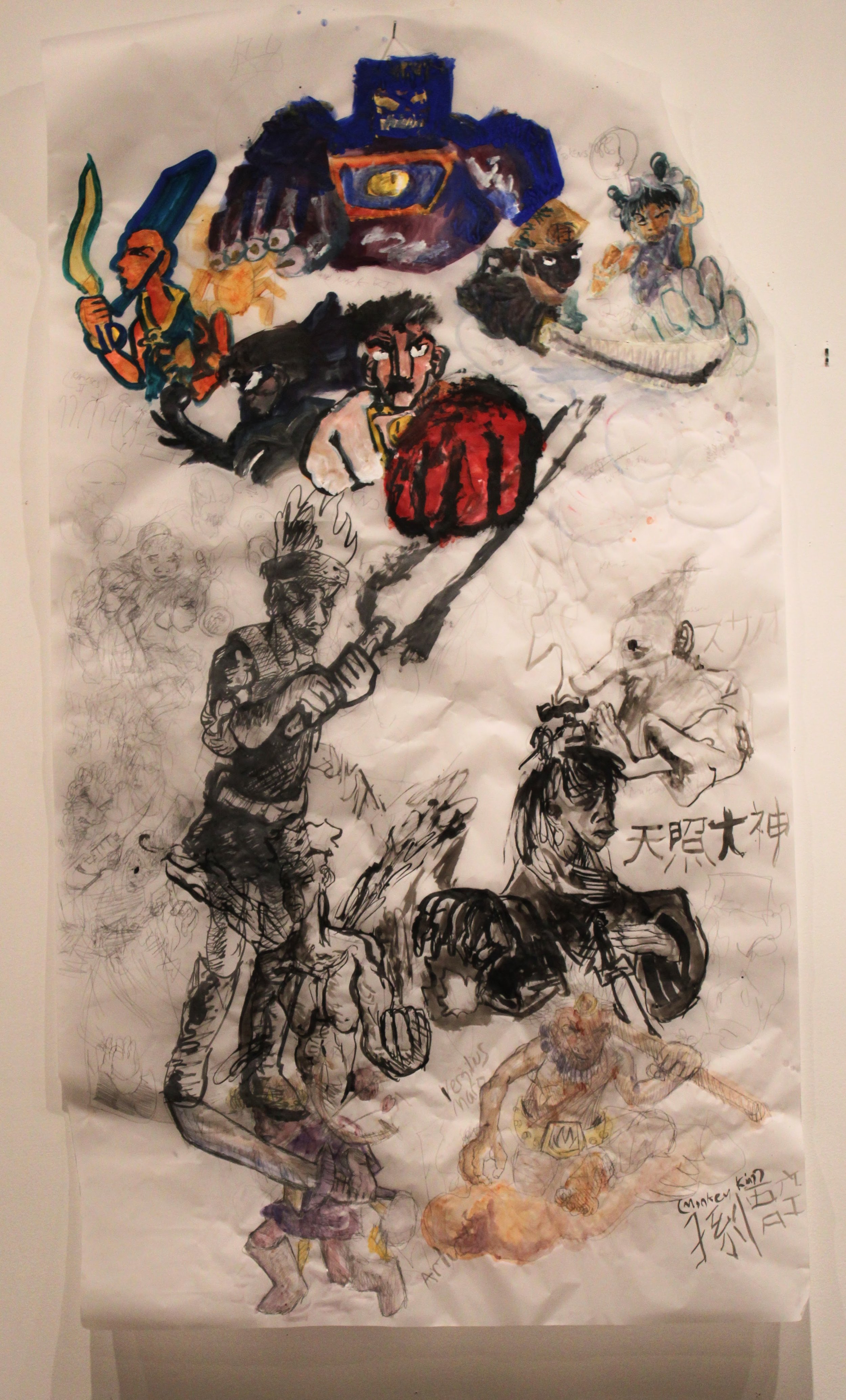 Character anthology Part 4, Acrylic, ink, watercolor, gauche, and graphite pencil on Vellum paper, 36 x 64 inches, 2025.