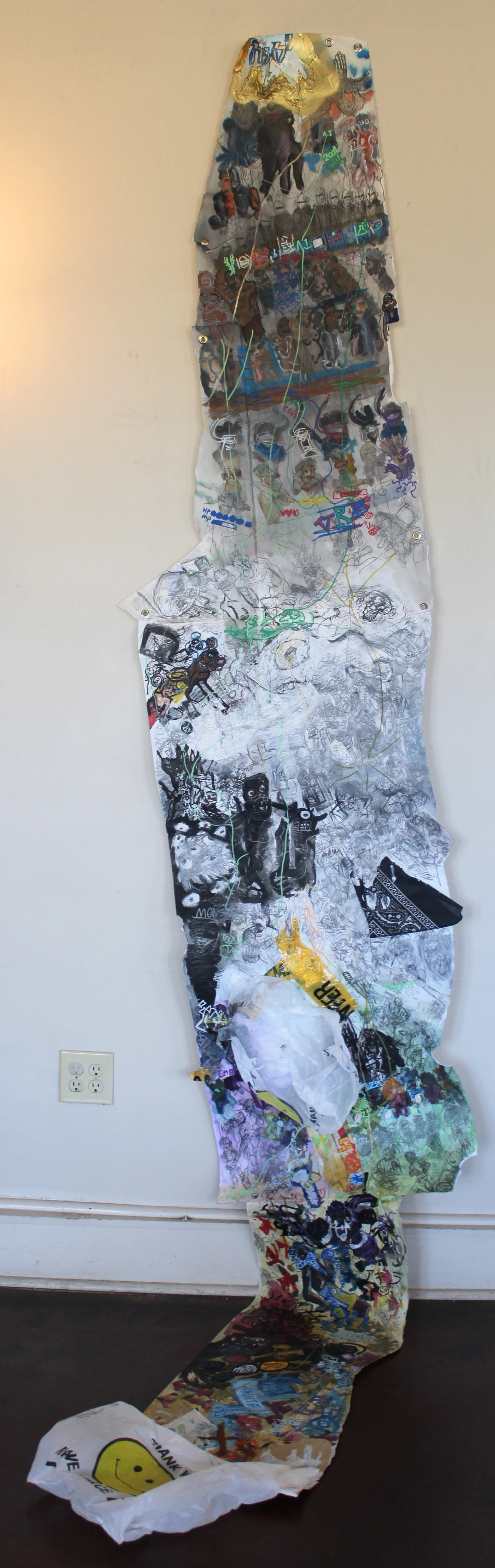 Genealogy Anthropology part II: Future, Acrylic, graphite pencil, plastic bag, bandana, markers, and carbon tracing on Arches and misc. papers, 28 x 106 inches, 2026.