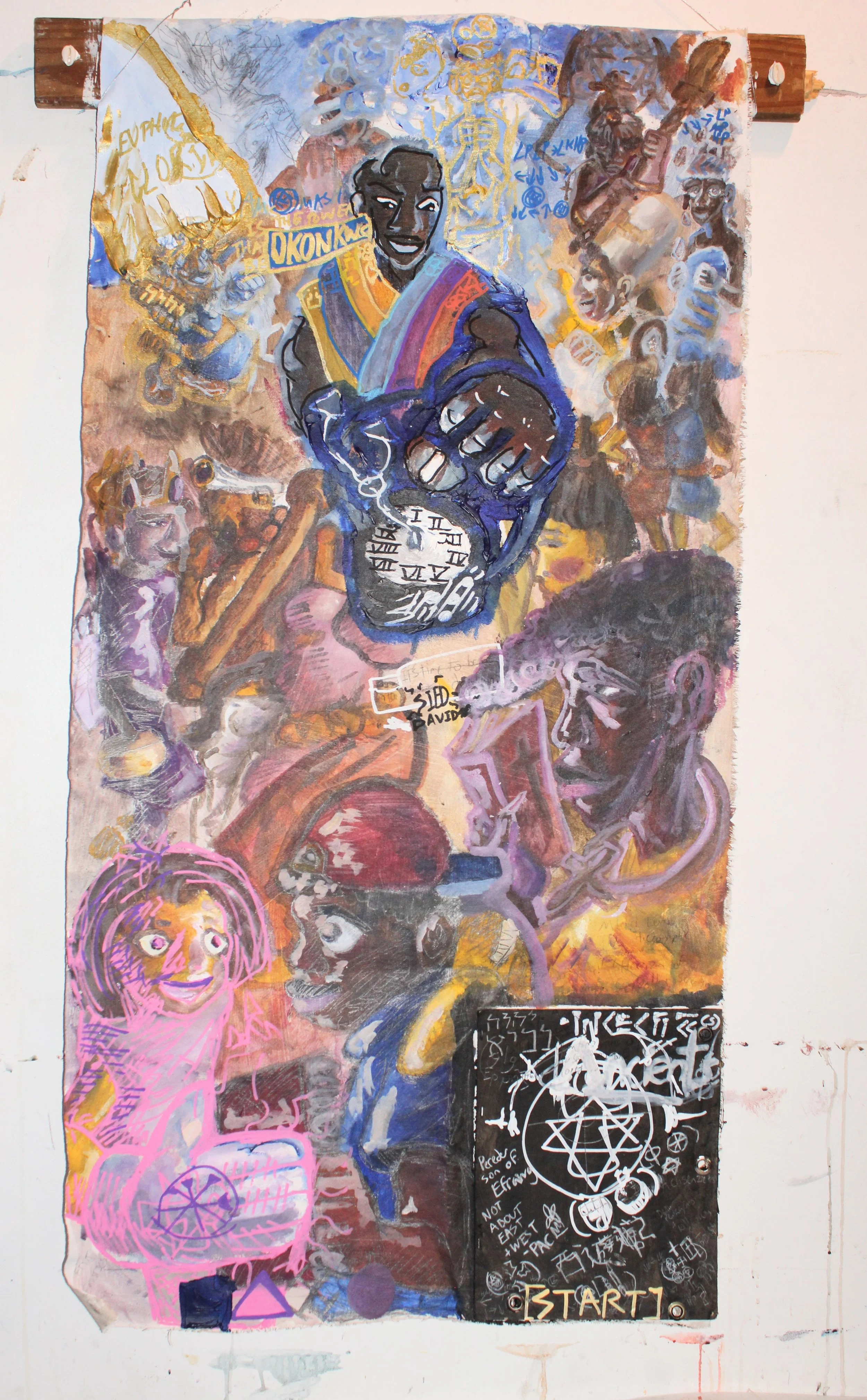 Magicians: Magicians II, Acrylic, graphite pencil, marker, carbon tracing, cardboard, and cowrie shells on Canvas attached to wooden board, 31 x 51 inches, 2025.