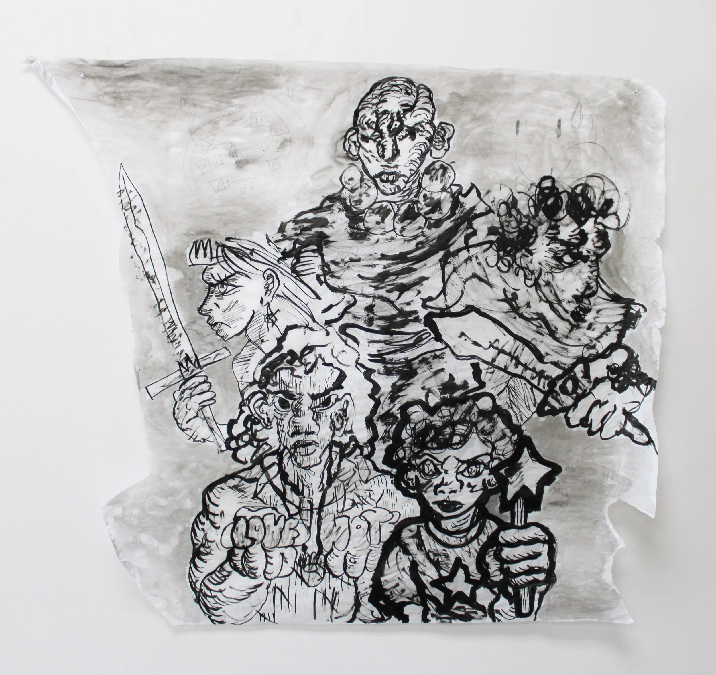 II. Watchmen, Inkwash on Vellum, 44 inches x 42 inches, 2023.