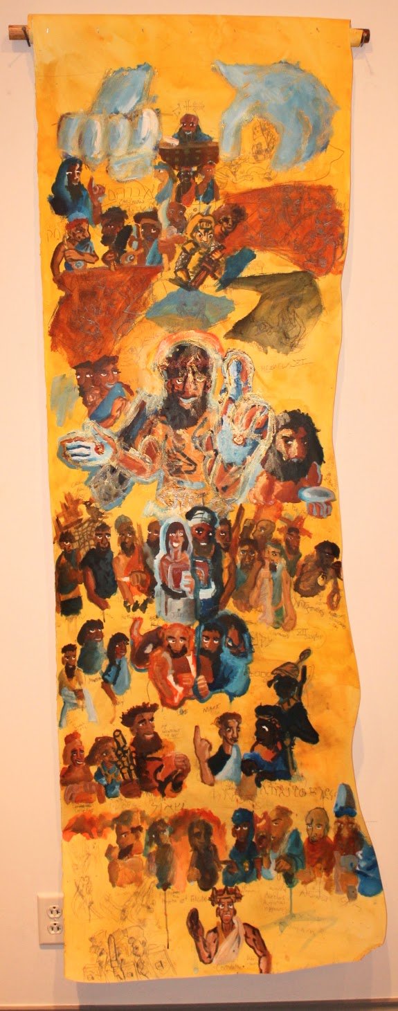 Church history: New Testament, Acrylic and graphite pencil on Arches paper  attached to dowel, 32 x 80 inches, 2024.