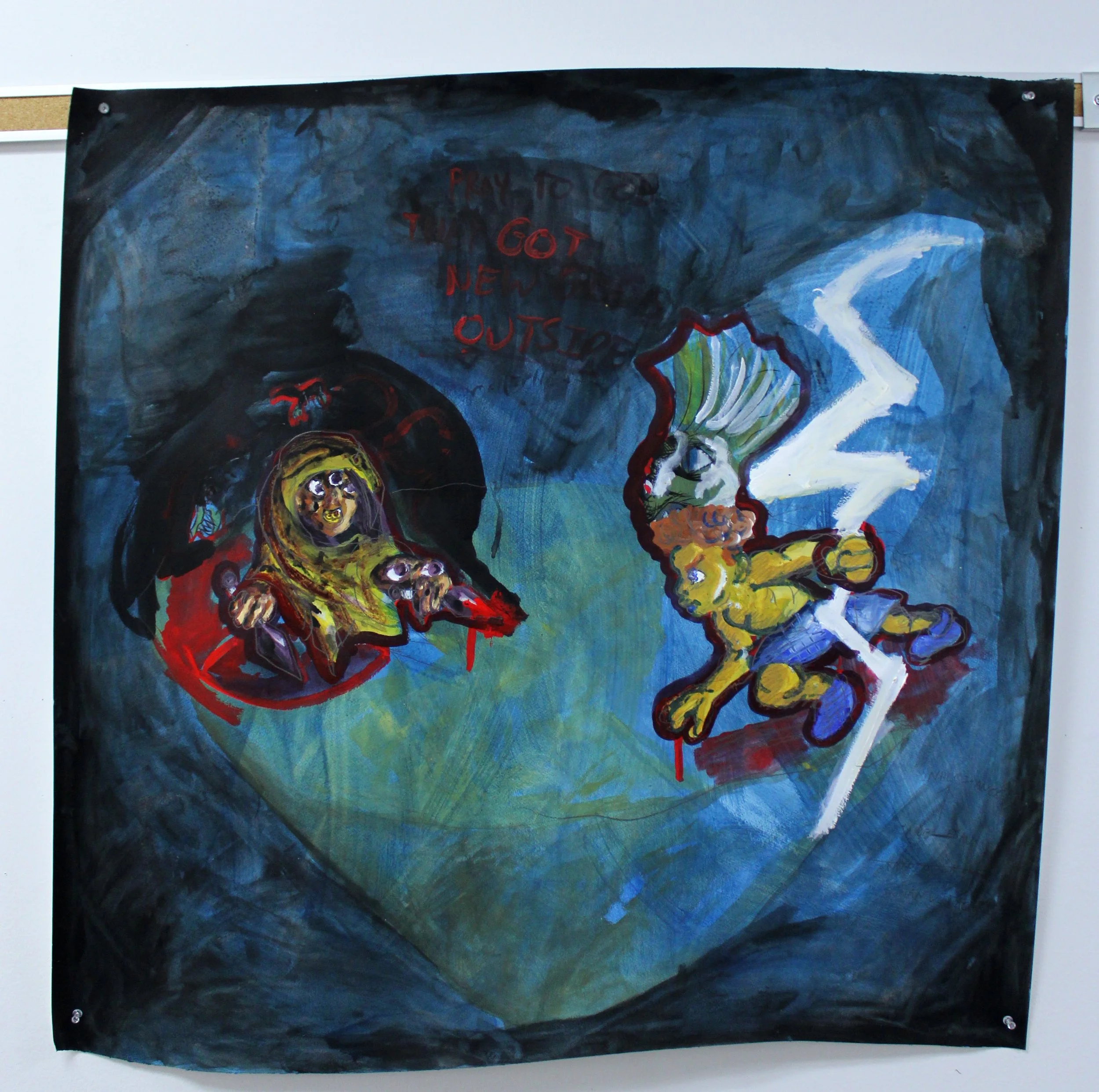 New Gods clash, Watercolor and acrylic paint on Watercolor paper, 42 inches x 42 inches, 2023.