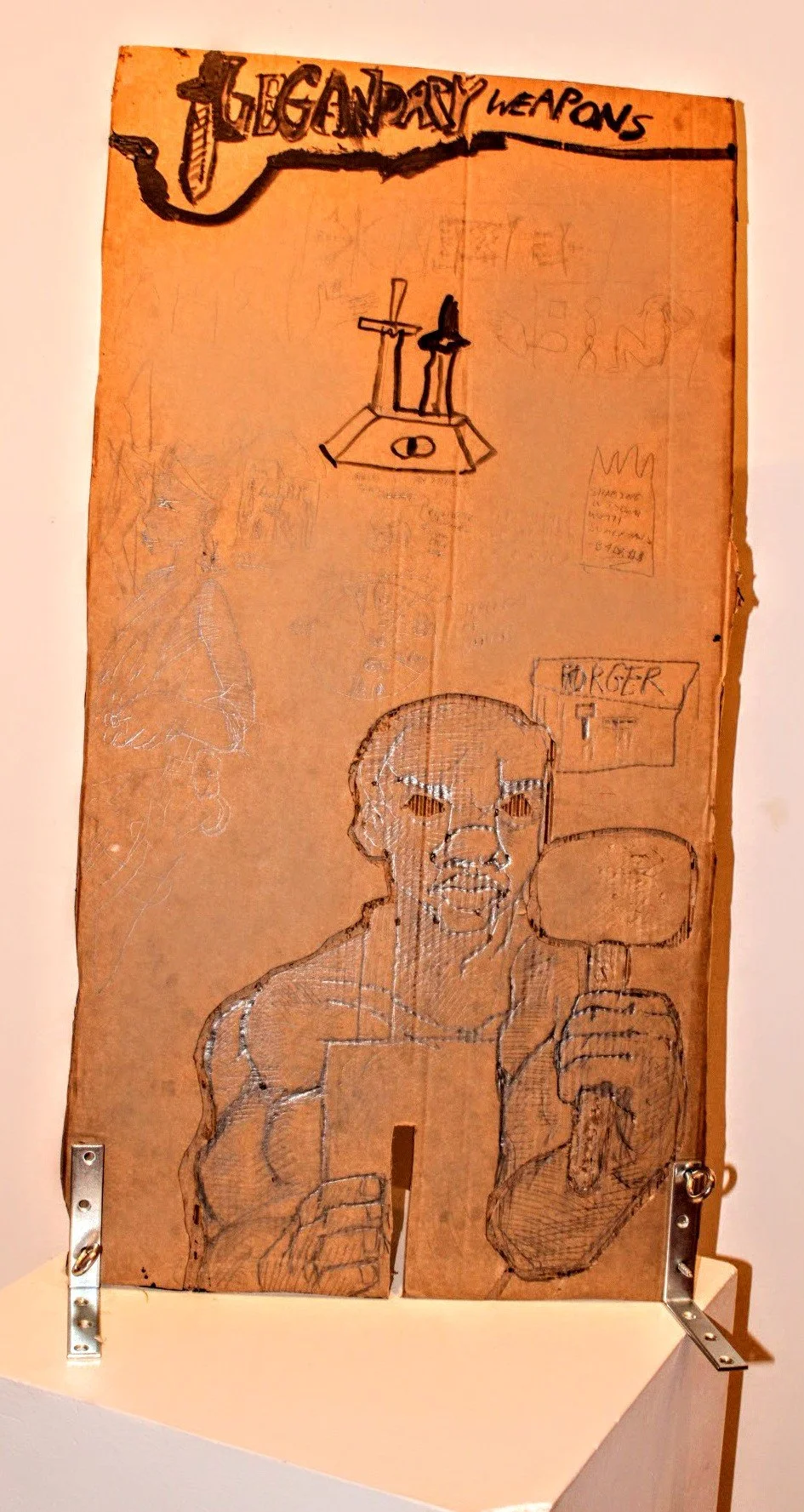 Legendary Weapons, Ink, Acrylic, and graphite pencil on Cardboard, 21 x 41 1/2 inches, 2024.