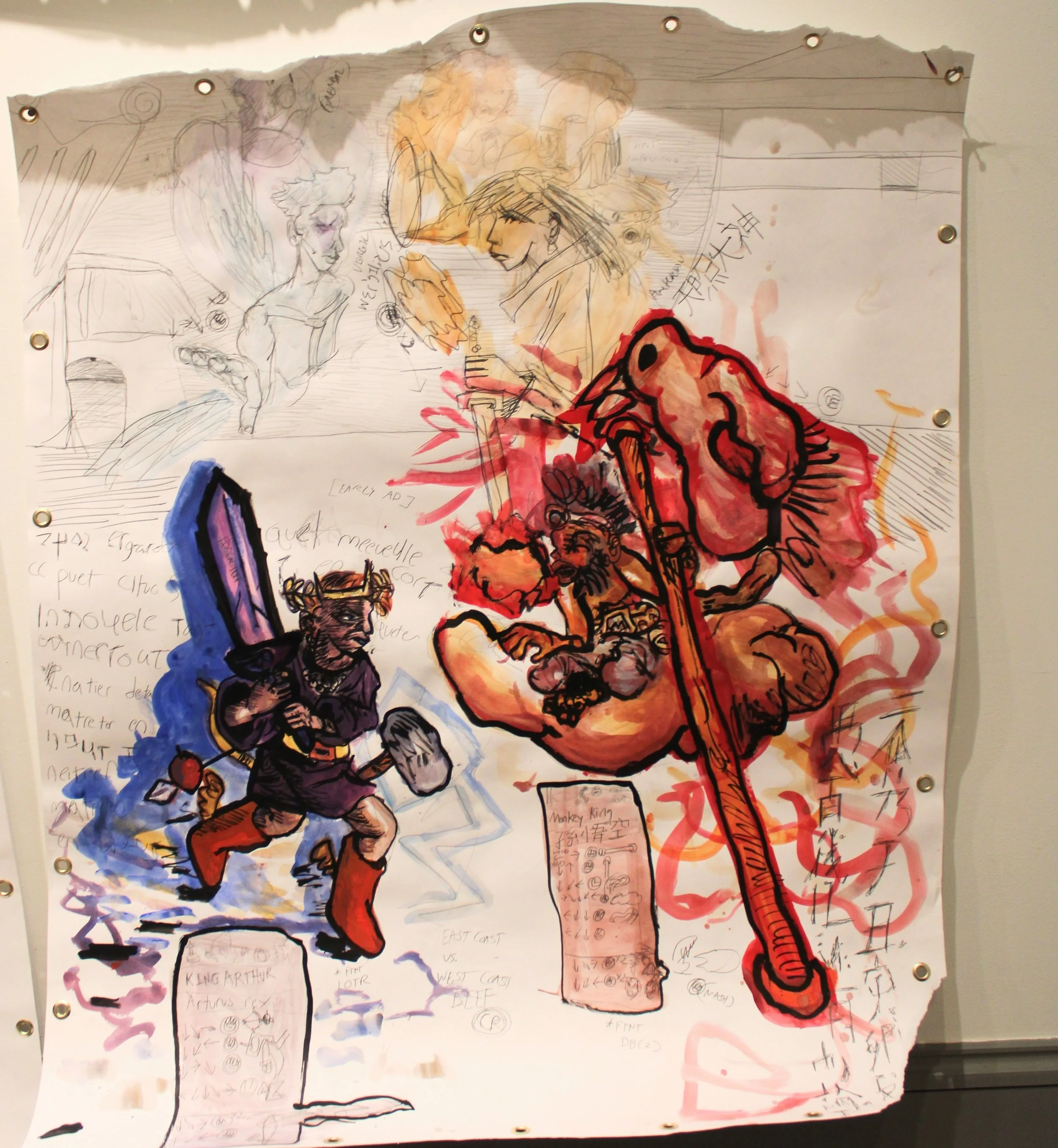 West vs East, Gouache, watercolor, and graphite pencil on Mixed media paper, 35 x 46 inches, 2024.