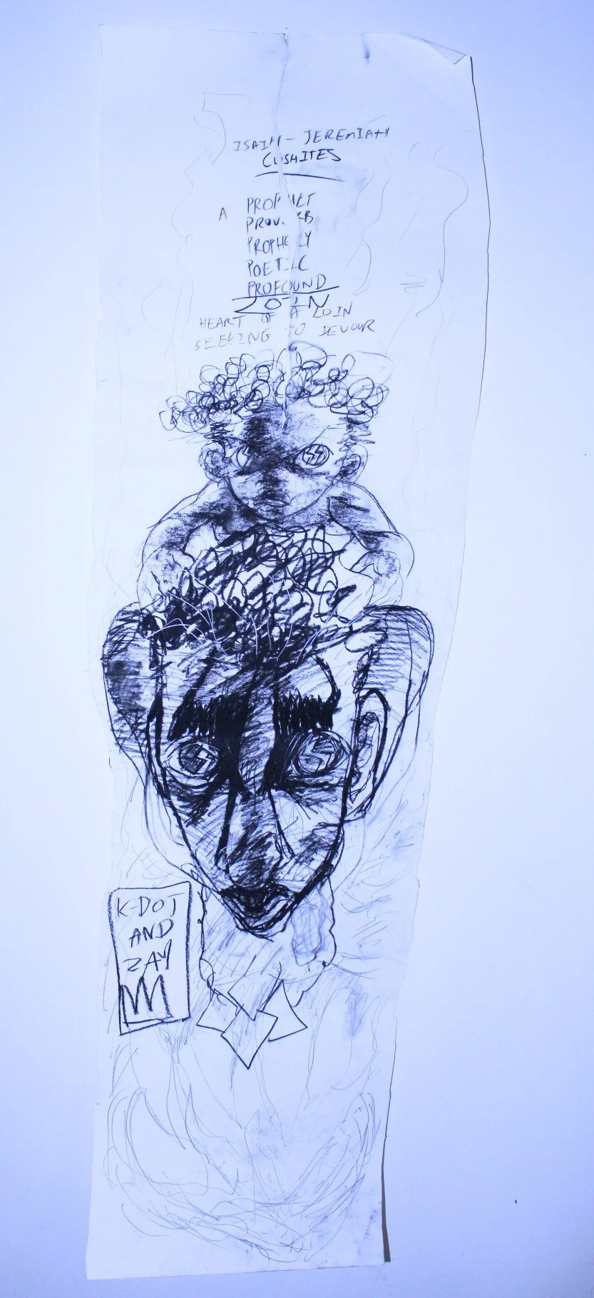 Prophet and Father, Charcoal and graphite pencil on Mixed media paper, 15 x 32 inches, 2022.