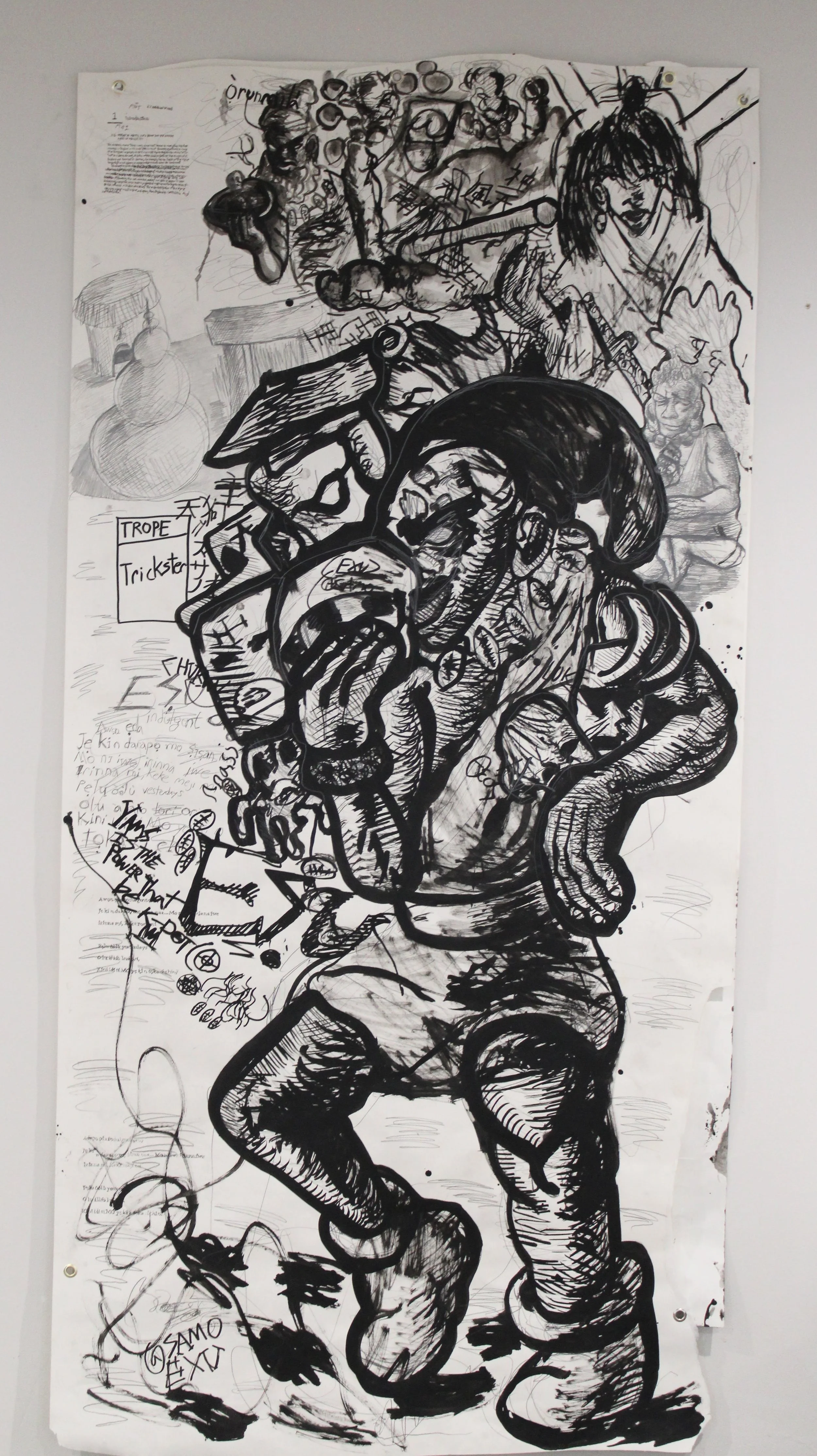 West/East trickster interlude side B: Eshu, Ink, graphite pencil, posca markers, and carbon tracing on Drawing paper, 2025.