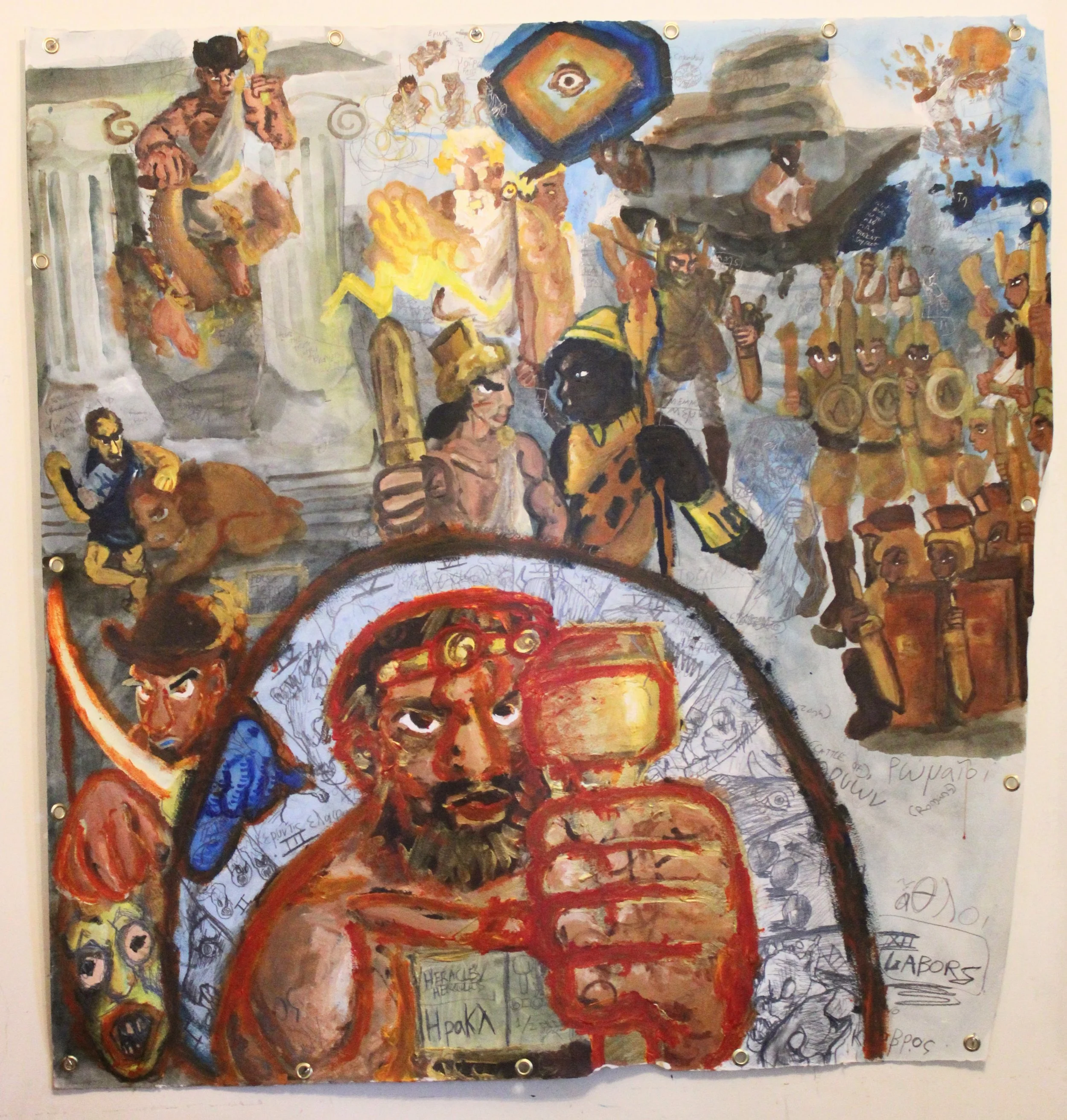 Epic Heroes I: Greca-Roman, Acylic and graphite pencil on Arches paper, 42 inches x 42 inches, 2024.