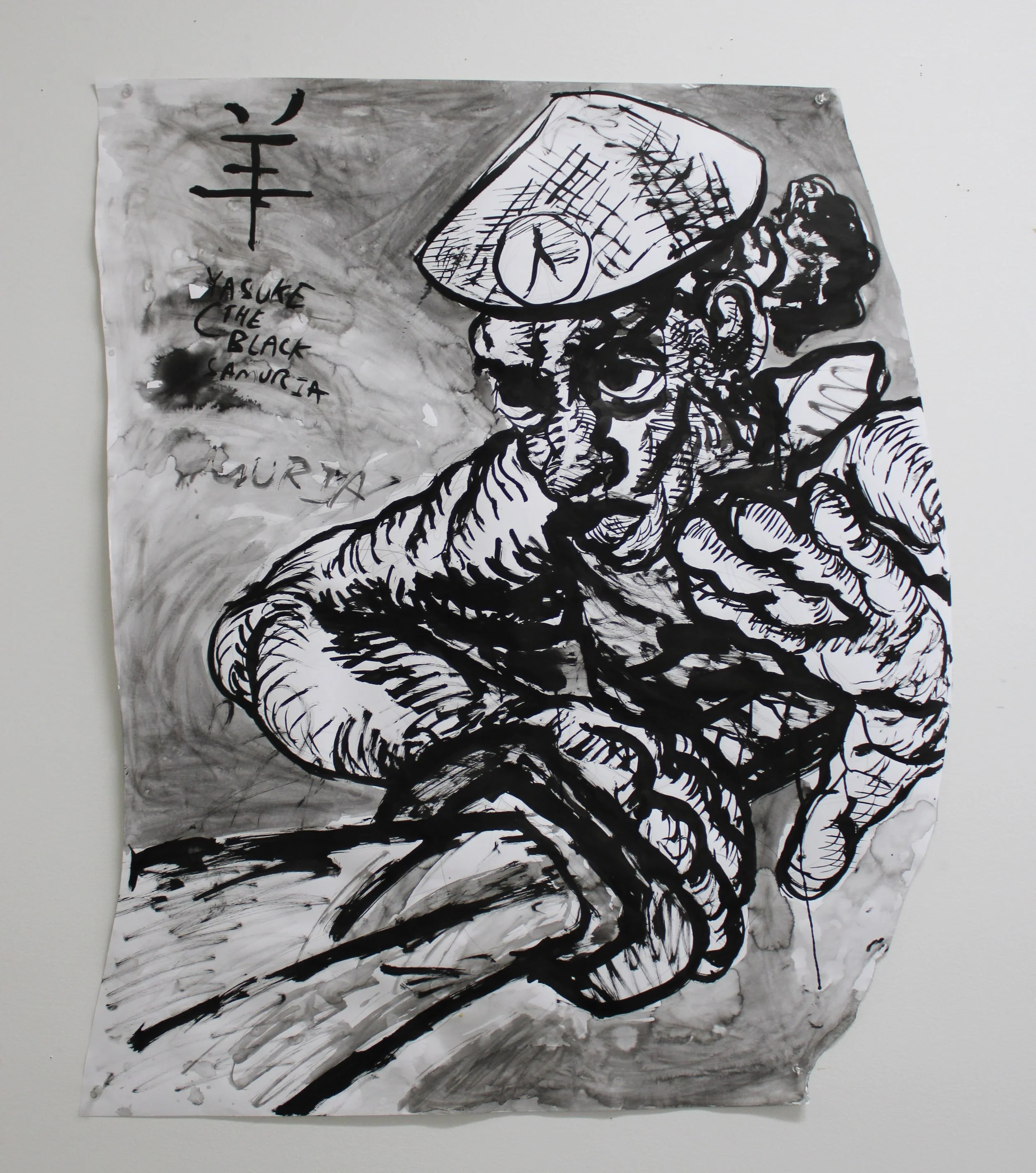 Yusuke: The Black Samurai, Ink and wash on Mixed media paper, 36 x 29 inches, 2023.