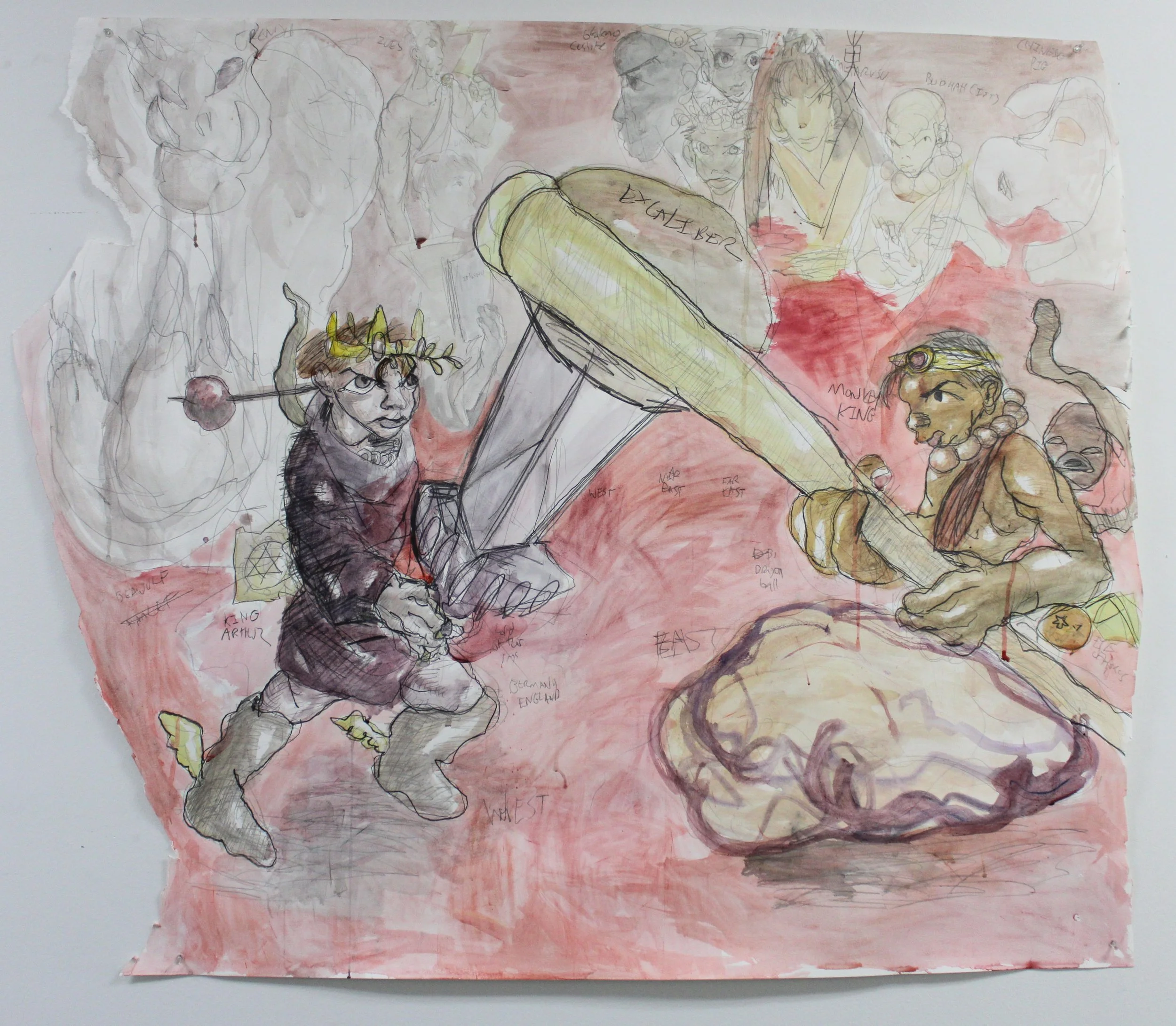 West vs. East, Watercolor and graphite pencil on Watercolor paper, 52 inches x 42 inches 2023.