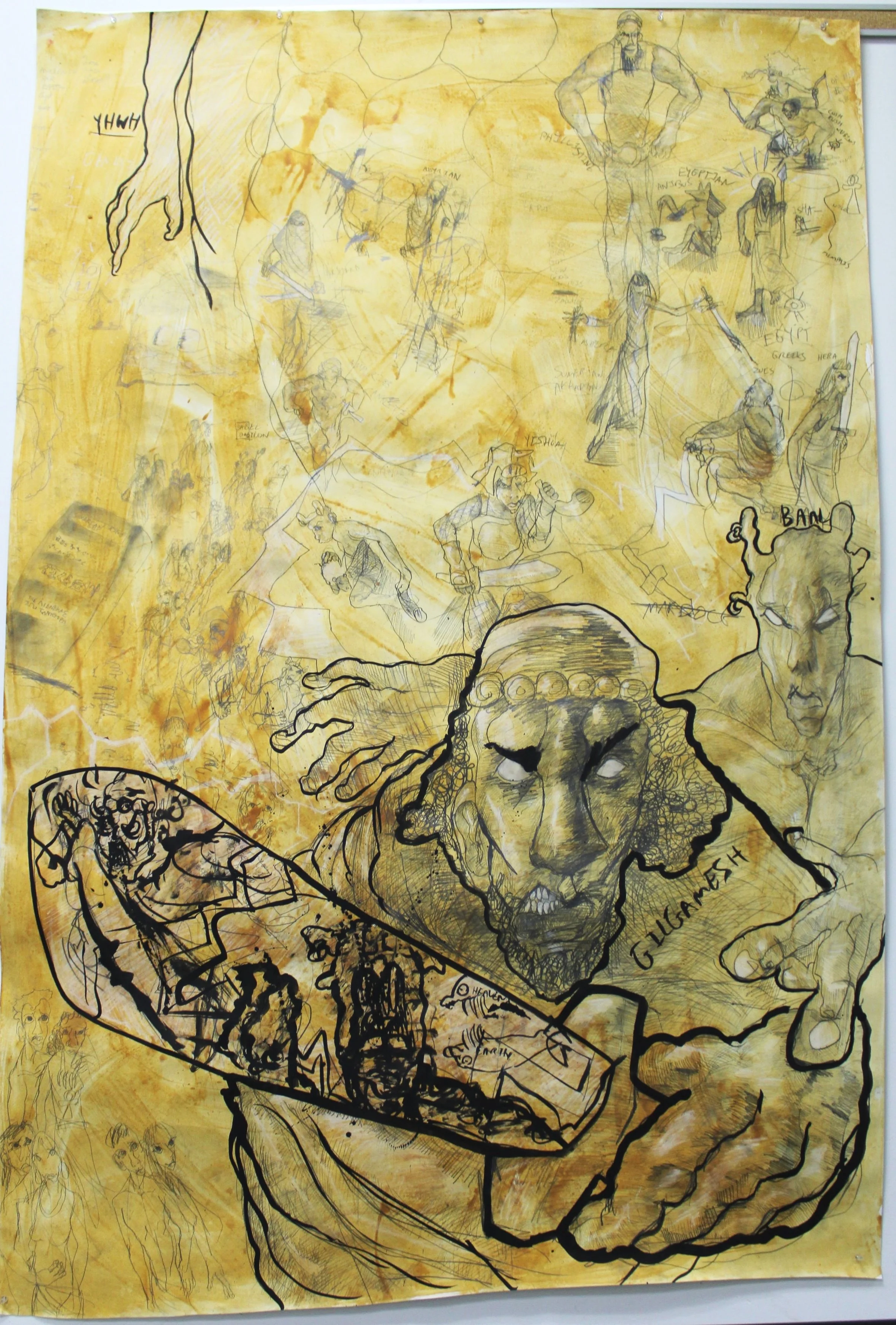 Babel: Image of God(s), Graphite pencil, chalk pencil, and ink on Toned mixed media paper, 48 inches x 90 inches, 2023.