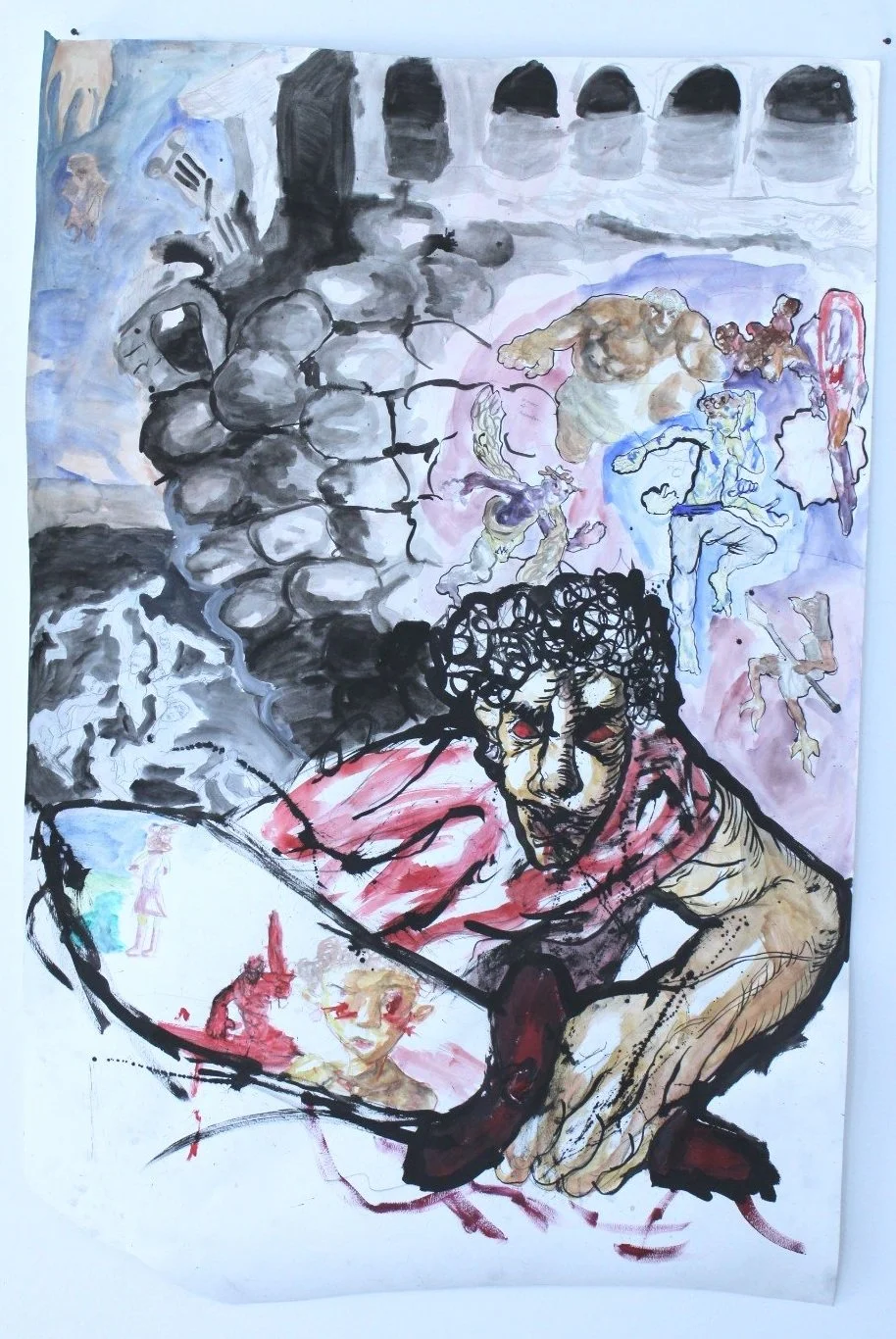 Babel: Demi-gods, Watercolor, inkwash, acrylic, and graphite pencil on Watercolor paper, 42 inches x 62 inches, 2022.