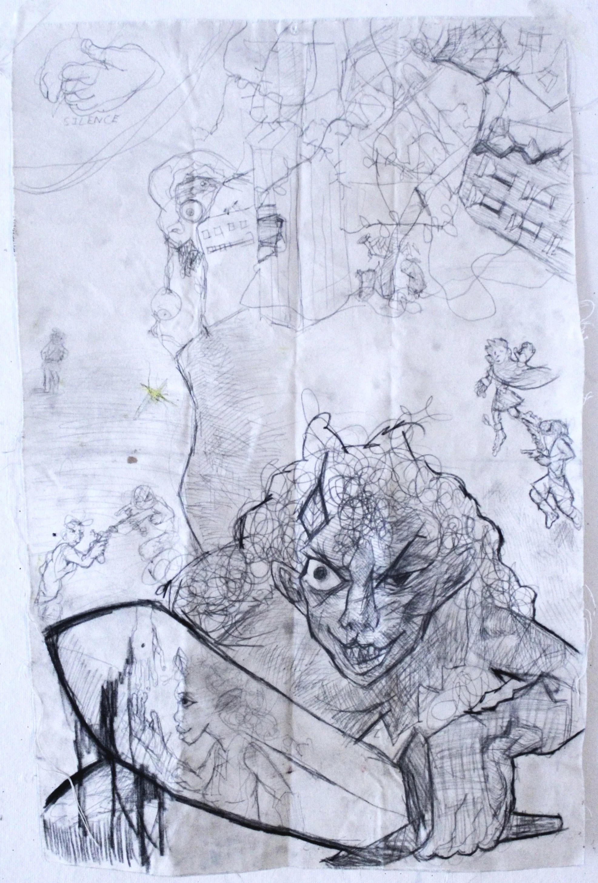 Babel: The fall off, Graphite pencil on Un-stretched and unprimed canvas, 16 inches x 32 inches, 2022.