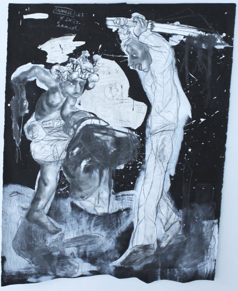 David vs. Saul, Gesso, Ink, and Graphite pencil on Arches mixed media paper, 52 inches x 54 inches, 2022.